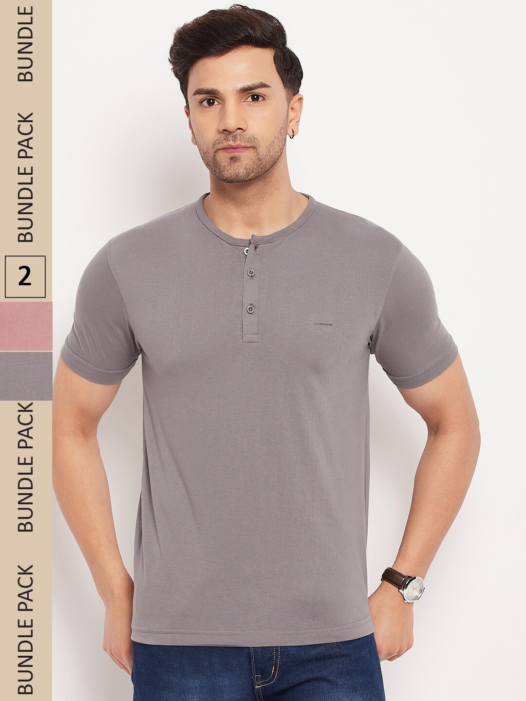 

Okane Pack Of 2 Henley Neck Casual T-shirts, Pink