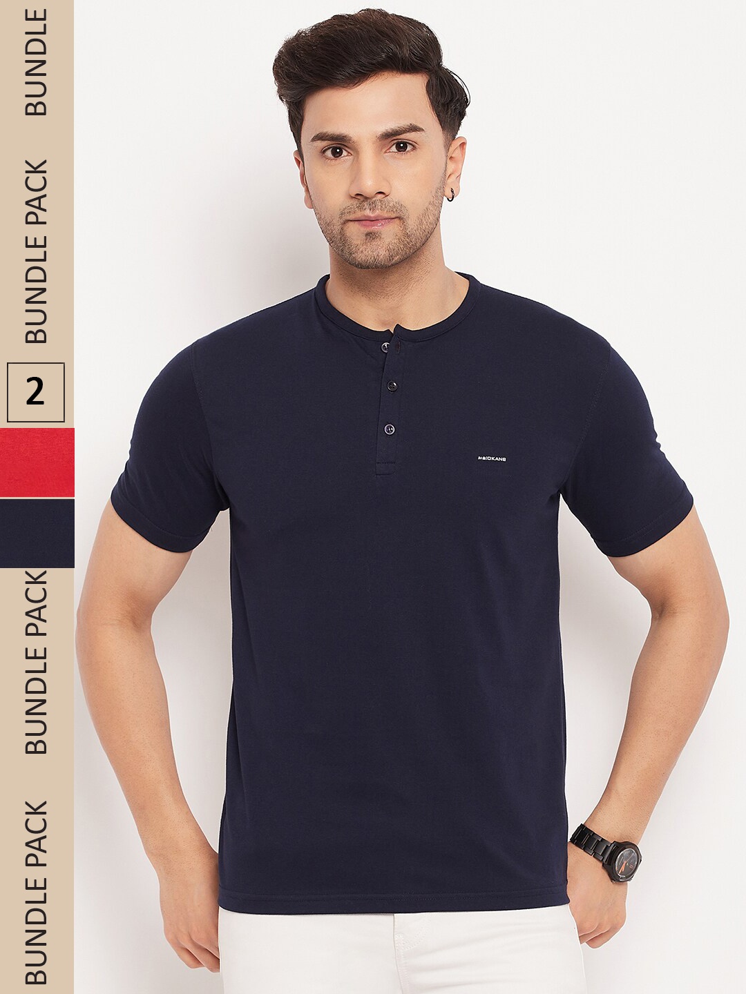 

Okane Pack Of 2 Henley Neck Casual T-shirt, Navy blue