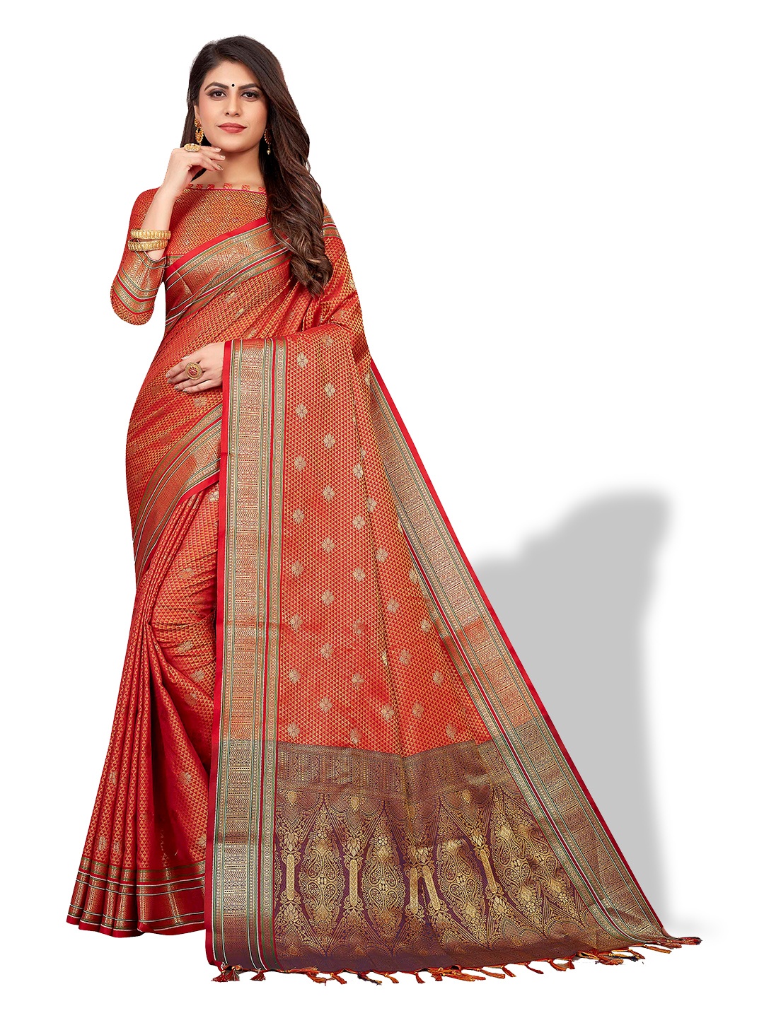 

VENISA Woven Design Zari Saree, Orange