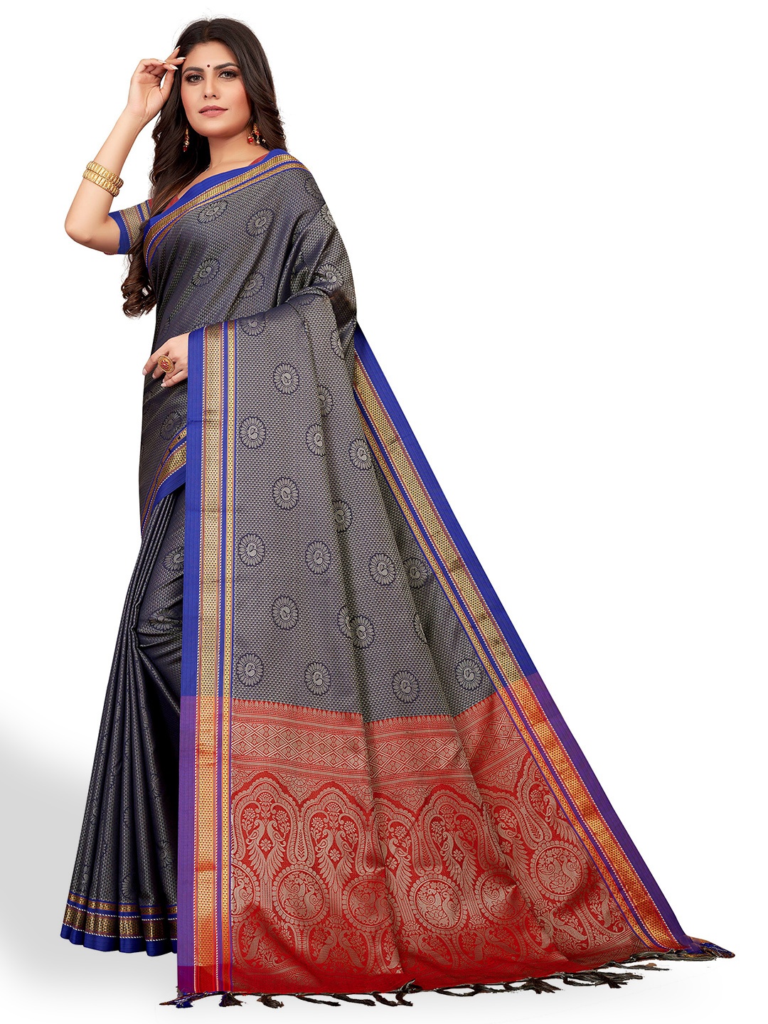 

VENISA Floral Woven Design Zari Saree, Grey