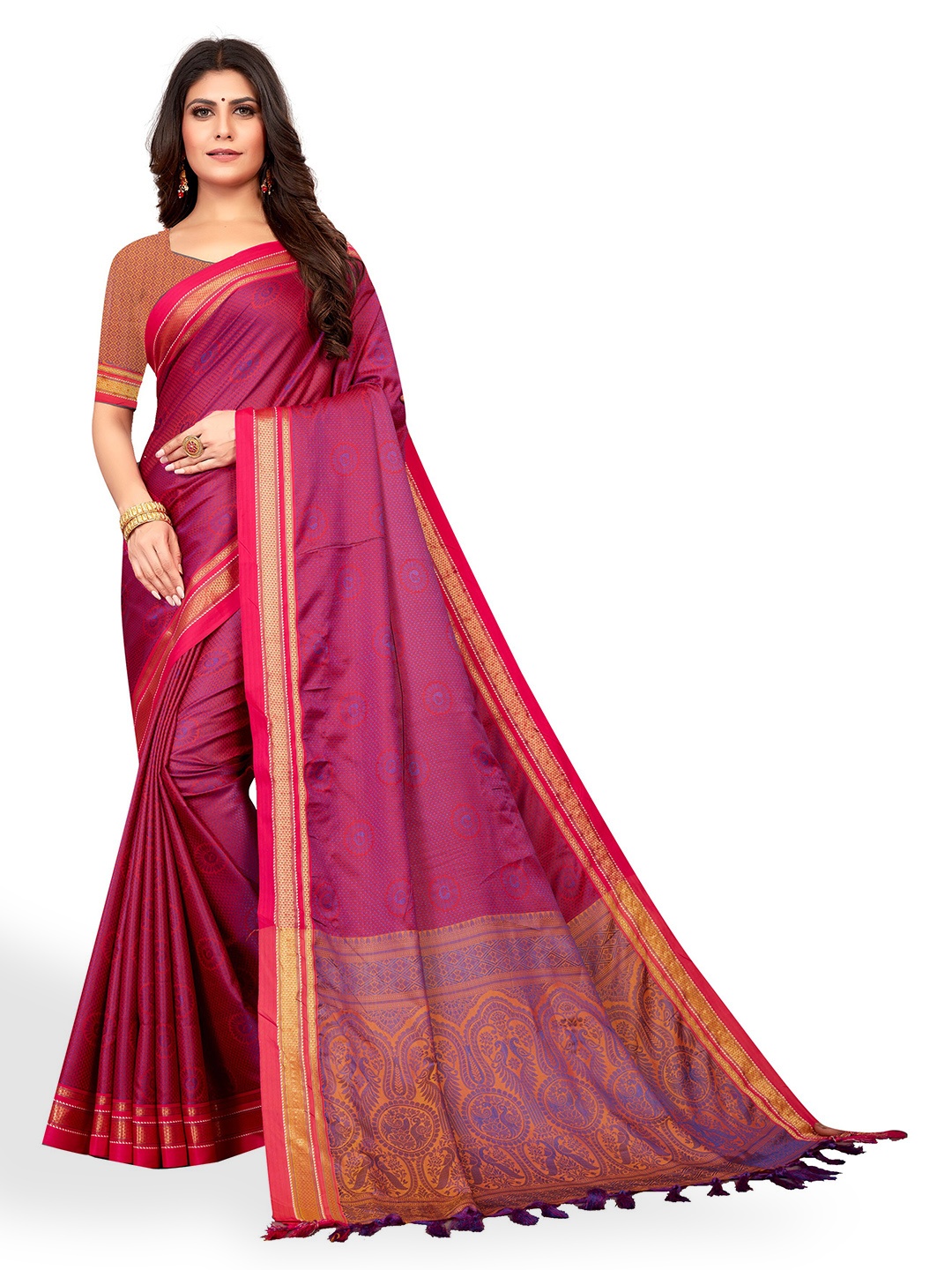 

VENISA Ethnic Motif Poly Silk Zari Saree With Blouse Piece, Pink
