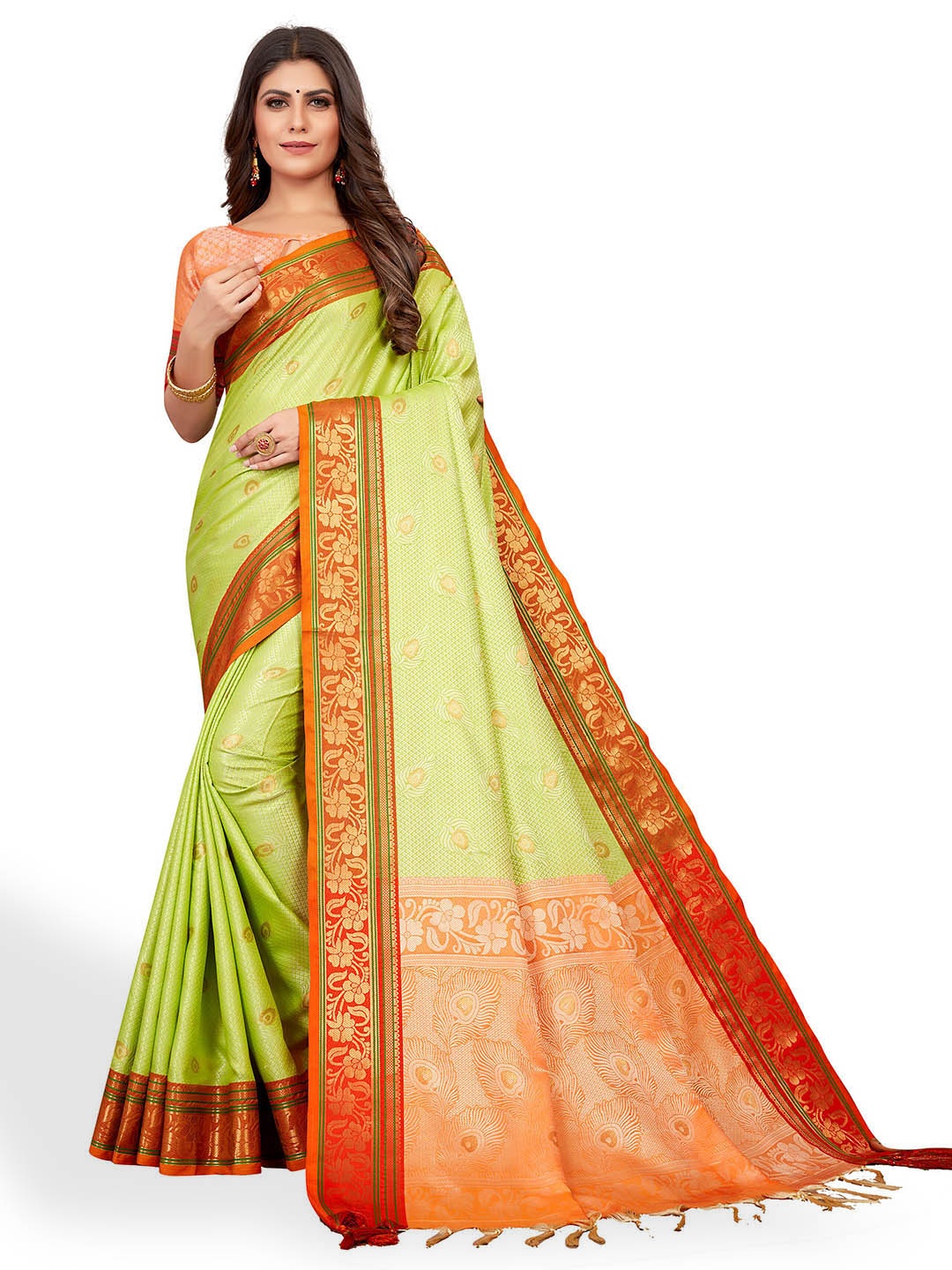 

VENISA Ethnic Motif Poly Silk Zari Saree With Blouse Piece, Green