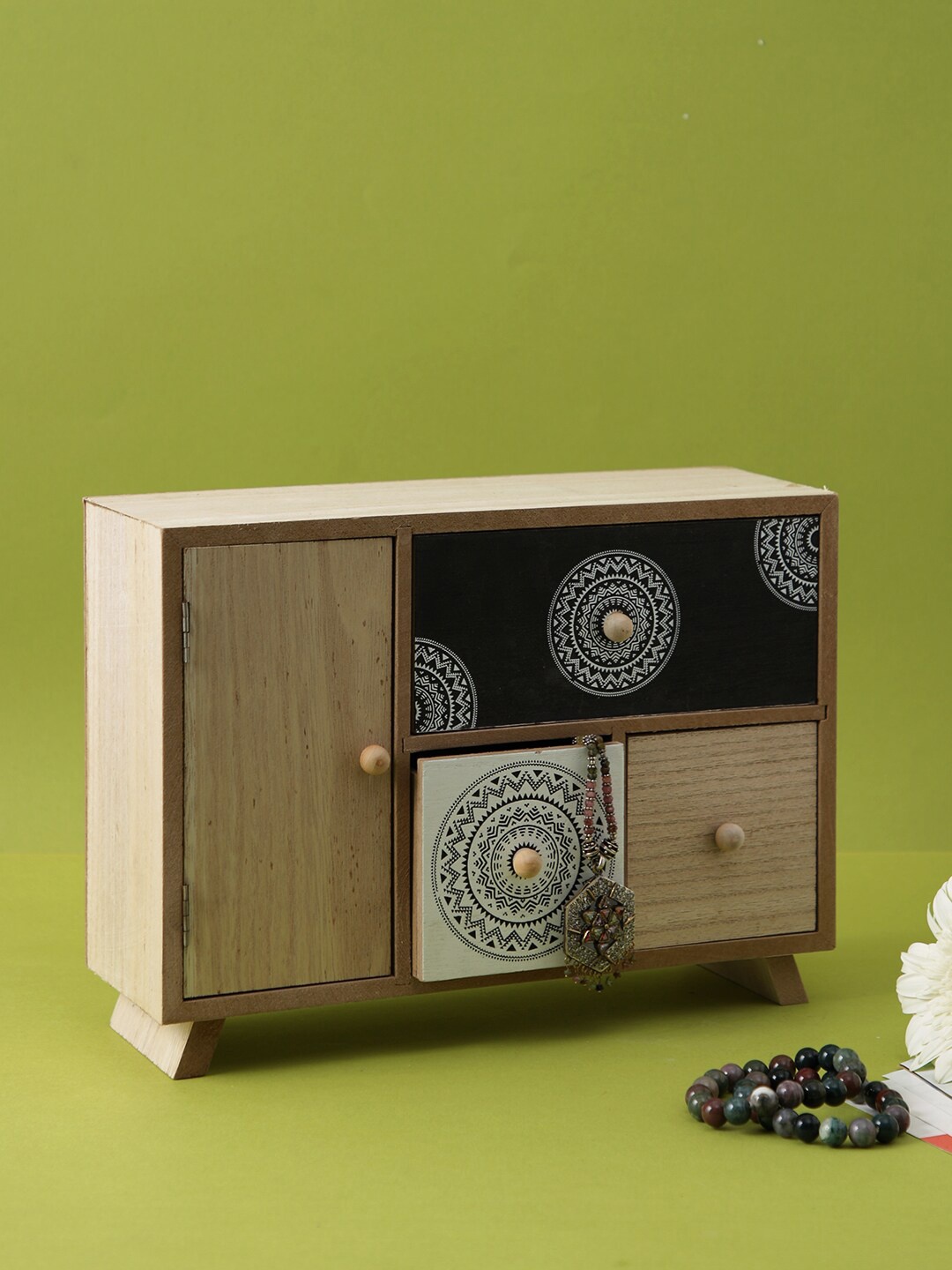 

Aapno Rajasthan Beige & Black Printed Wooden Chest Of Drawer