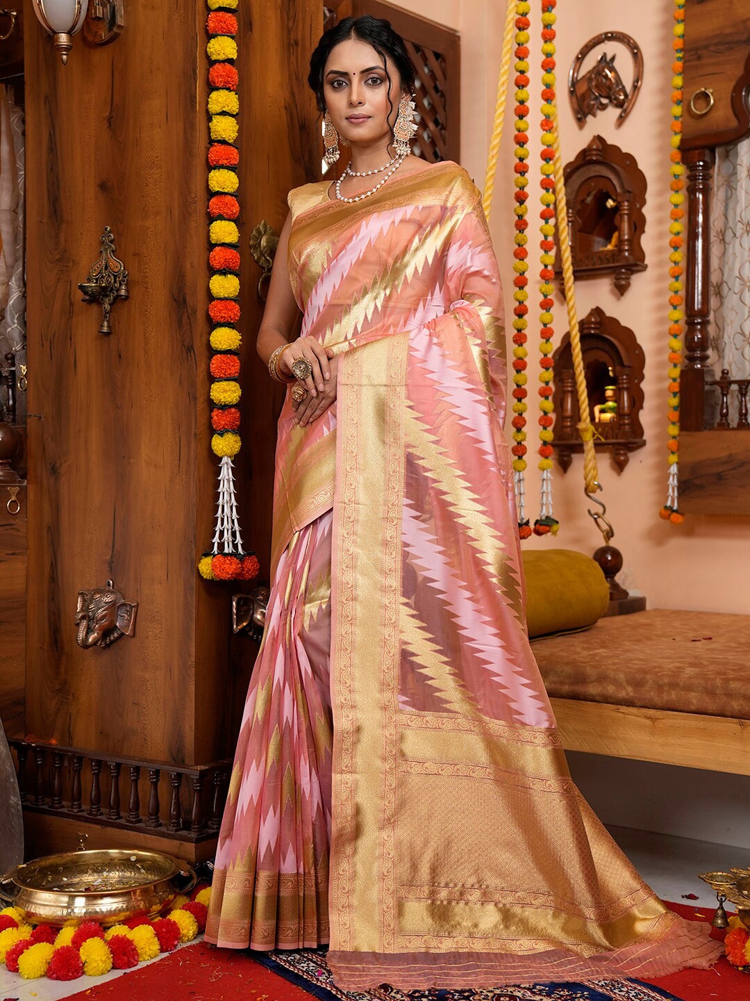 

Satrani Pink &Gold-Toned Ethnic Motifs Woven Design Zari Banarasi Saree