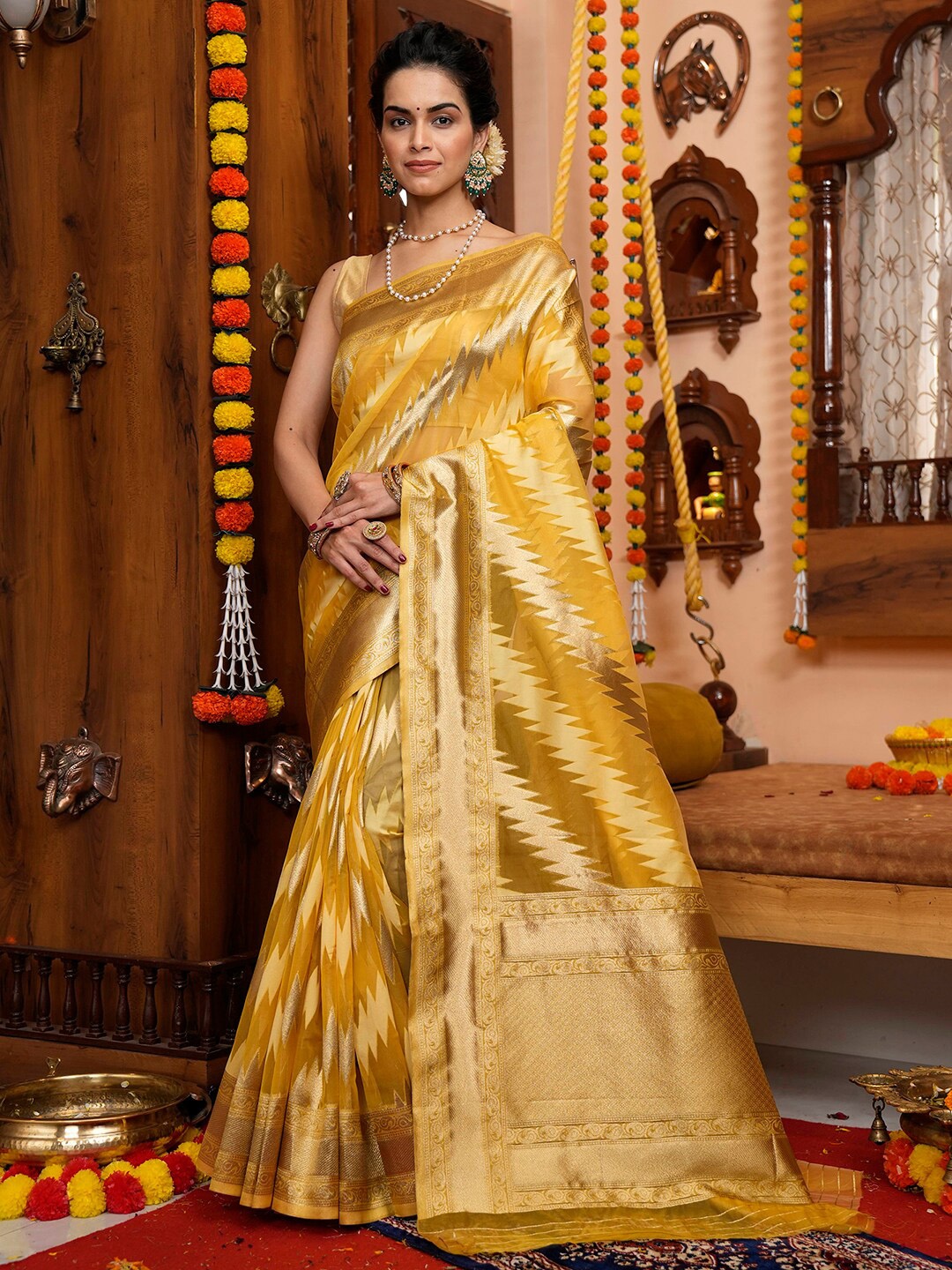 

Satrani Mustard Yellow & Gold-Toned Ethnic Motifs Woven Design Zari Banarasi Saree
