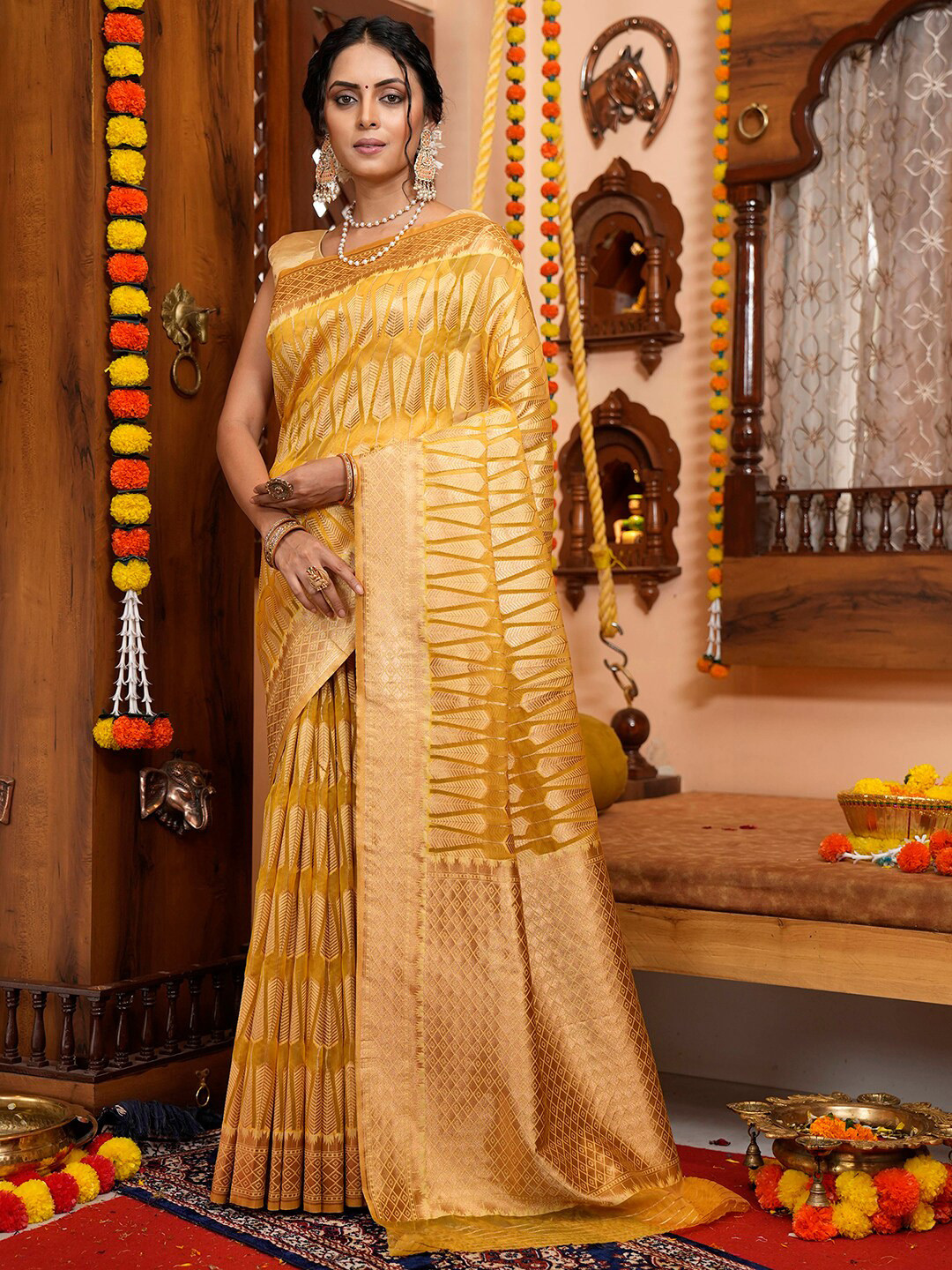 

Satrani Yellow & Gold-Toned Ethnic Motifs Woven Design Zari Banarasi Saree
