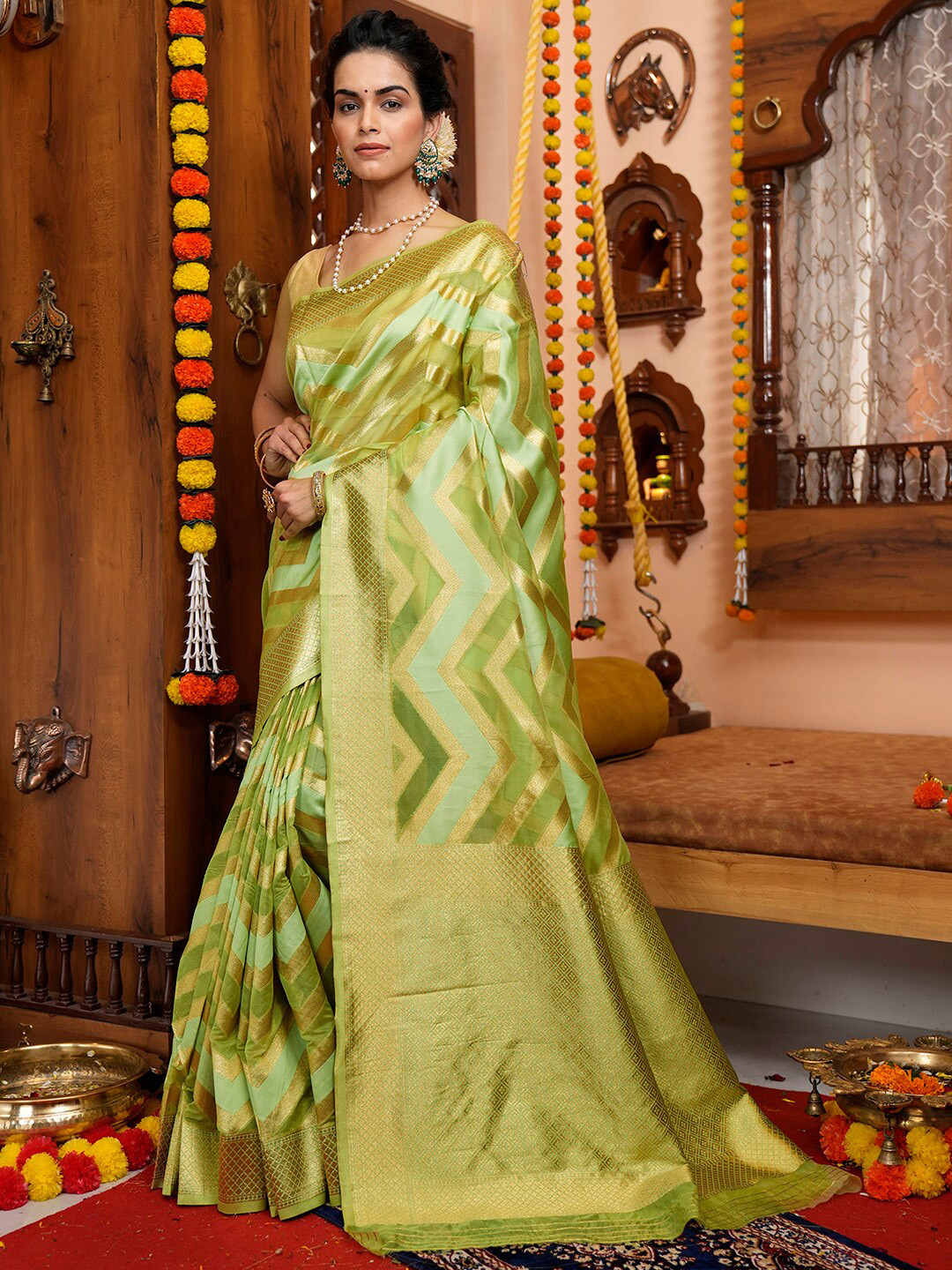 

Satrani Green & Gold-Toned Striped Woven Design Zari Banarasi Saree