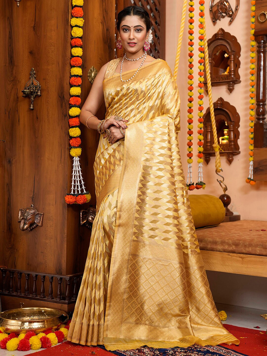 

Satrani Yellow & Gold-Toned Ethnic Motifs Woven Design Zari Banarasi Saree