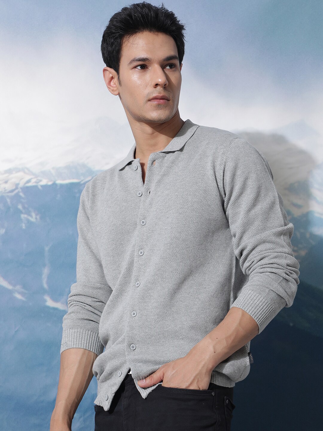 

RARE RABBIT Men Alias Slim Fit Knitted Cotton Shirt, Grey