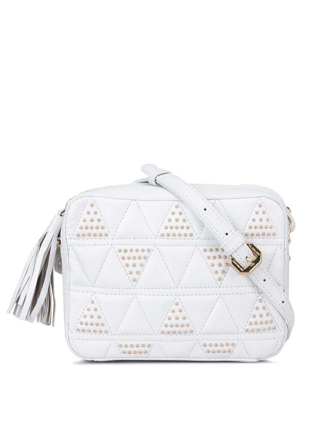 

Da Milano White Geometric Embellished Leather Structured Sling Bag