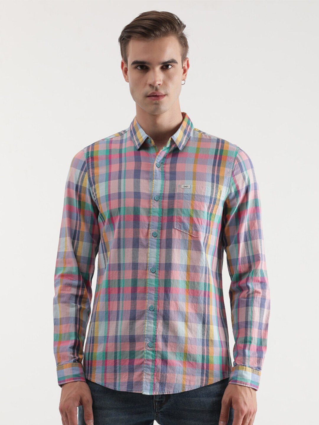 

Lee Tartan Checked Spread Collar Slim Fit Cotton Casual Shirt, Pink