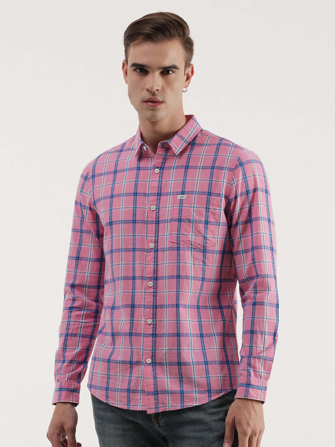 

Lee Slim Fit Tartan Checked Cotton Casual Shirt, Pink