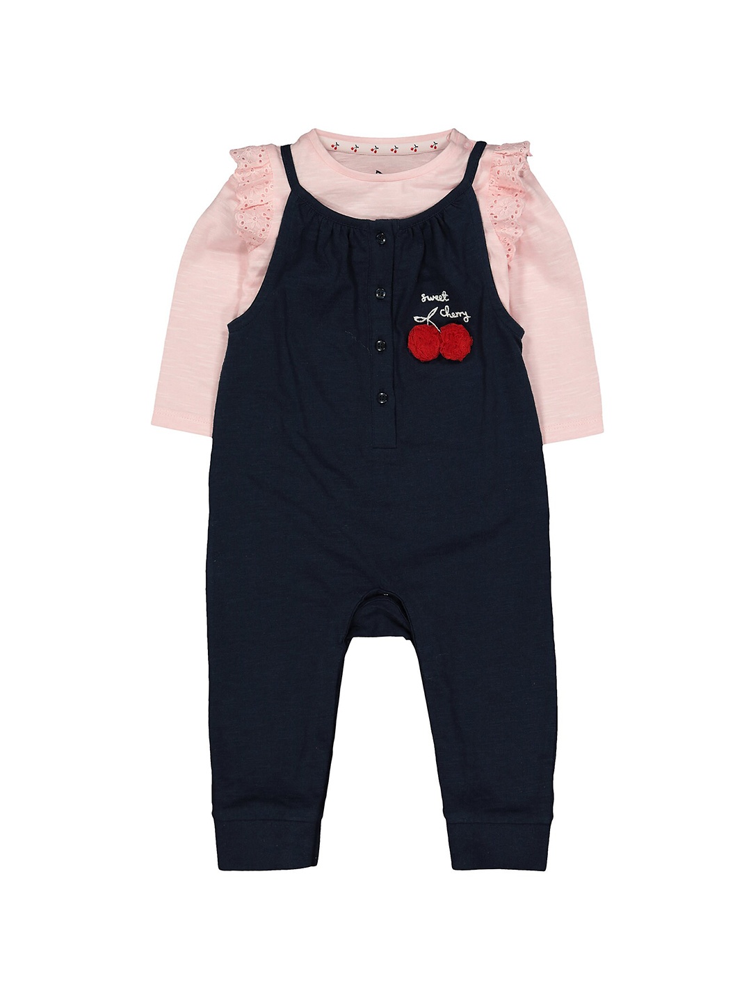 

mothercare Infants Girls Typography Round Neck Straight Fit Dungaree, Navy blue