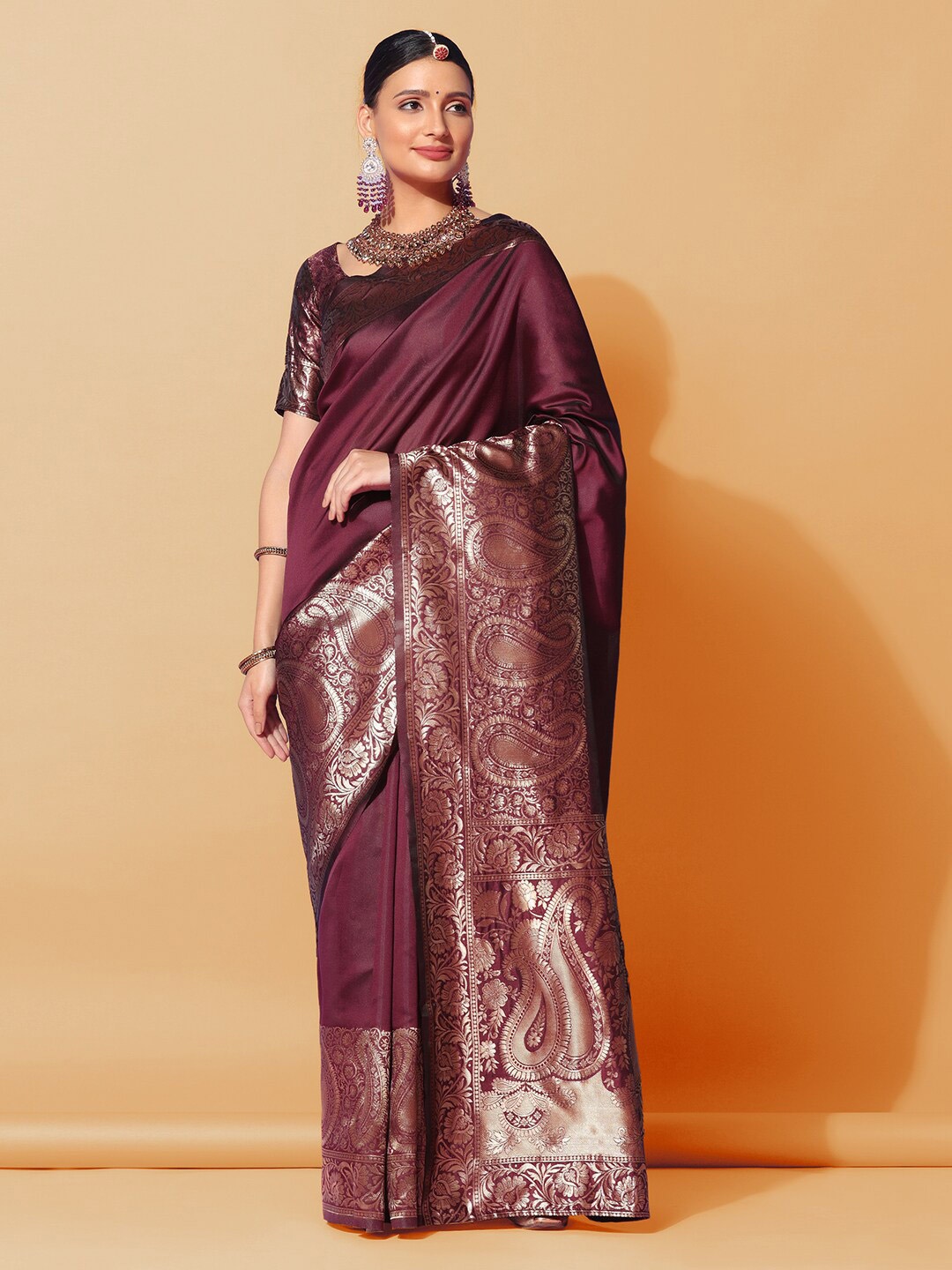 

KALINI Paisley Woven Design Banarasi Saree, Brown