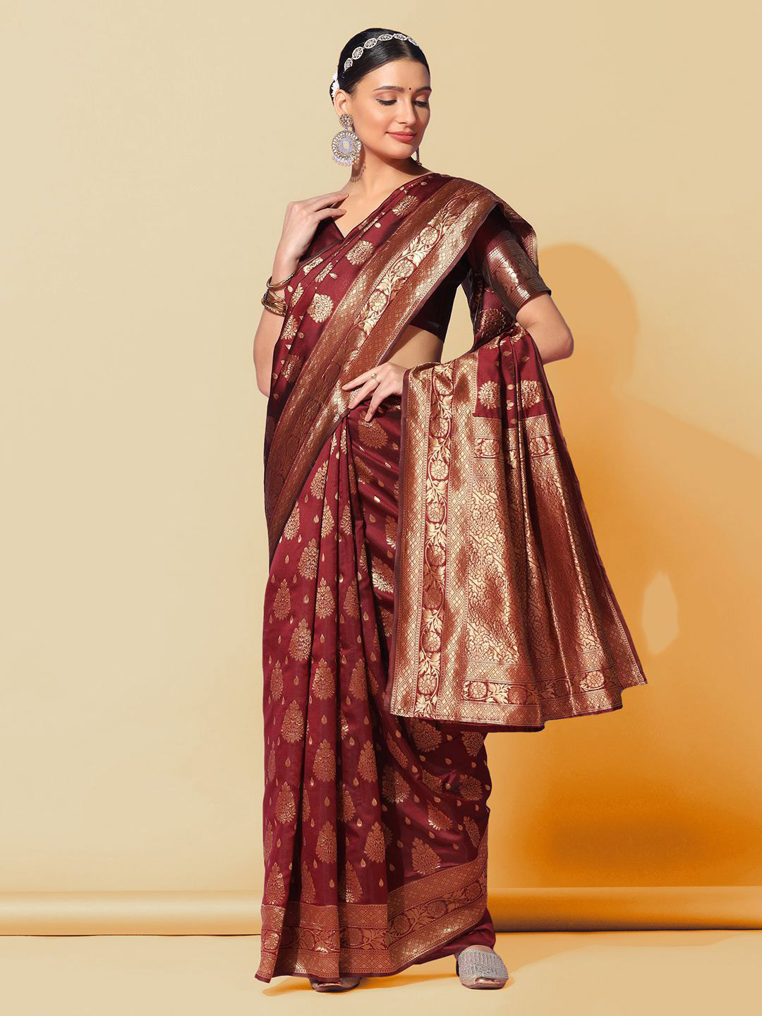 

KALINI Ethnic Motifs Woven Design Zari Banarasi Saree, Maroon