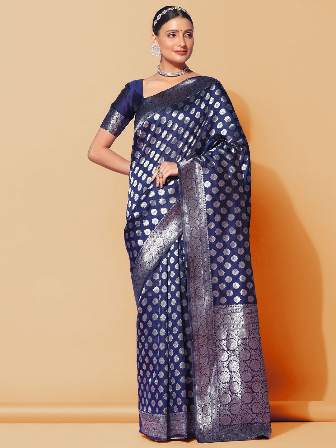 

KALINI Floral Woven Design Banarasi Saree, Navy blue