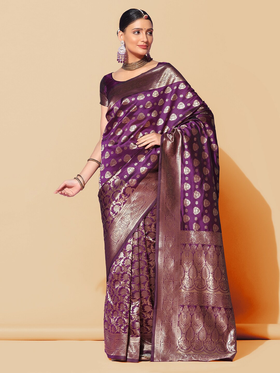 

KALINI Purple Ethnic Motifs Woven Design Banarasi Saree