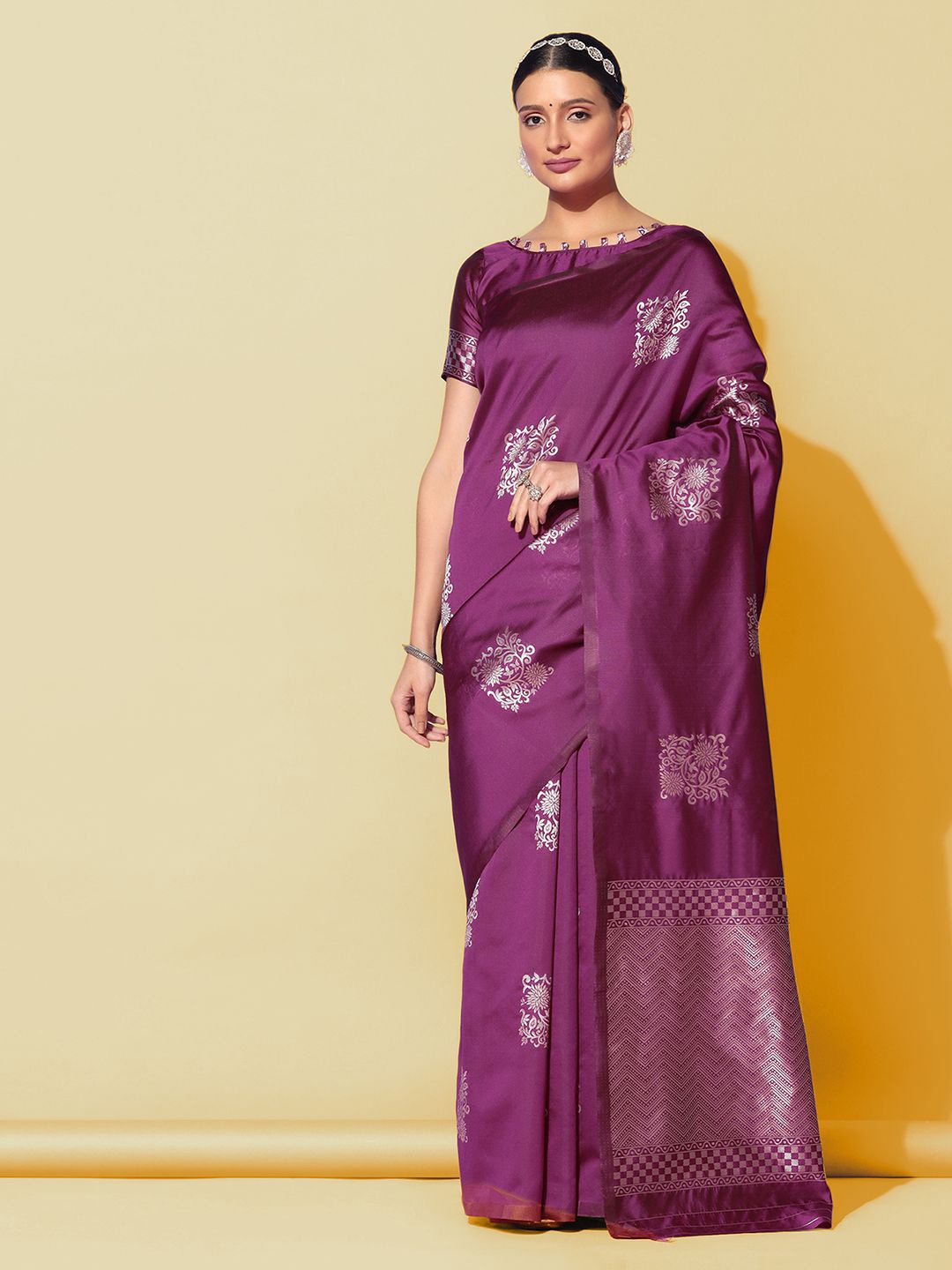 

KALINI Floral Woven Design Zari Banarasi Saree, Purple