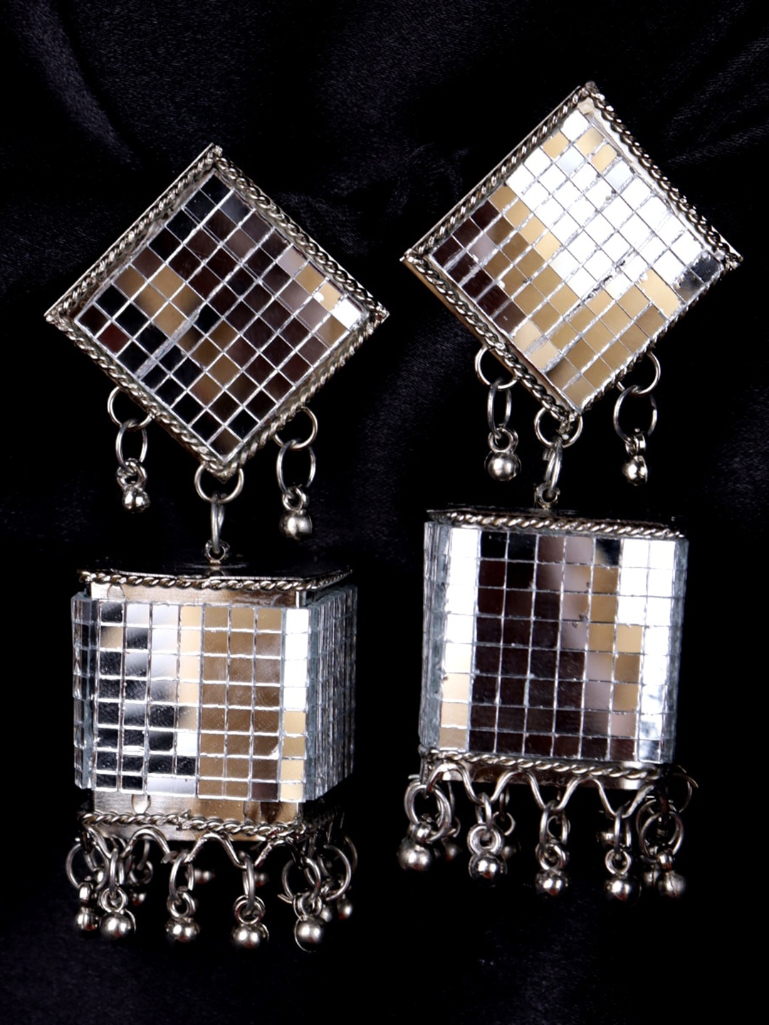 

Krelin Silver-Plated Square Shaped Artificial Beads Mirror Jhumka Earrings