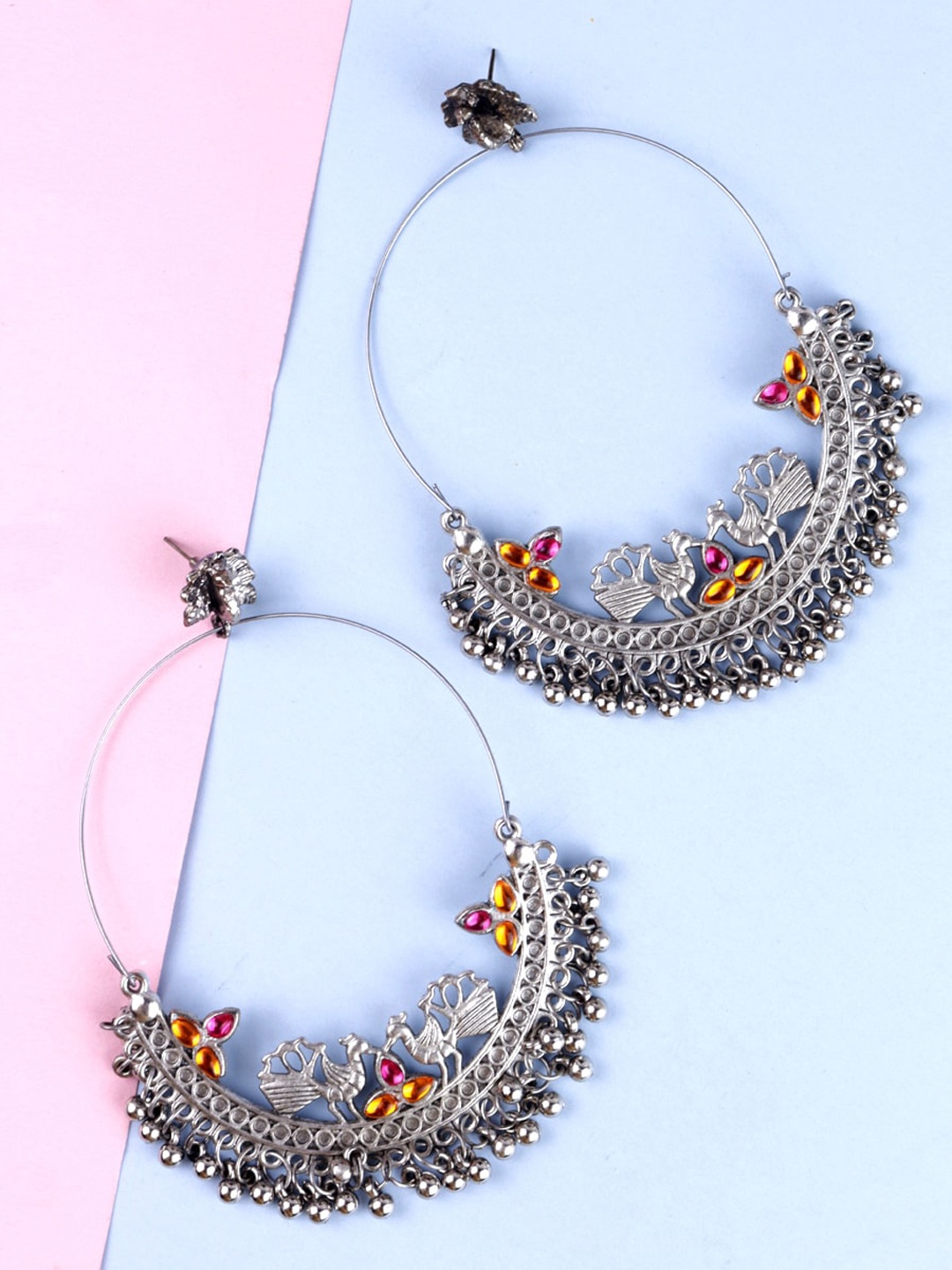 

Krelin Silver-Plated Oxidised Silver-Toned Stone Studded Chandbalis