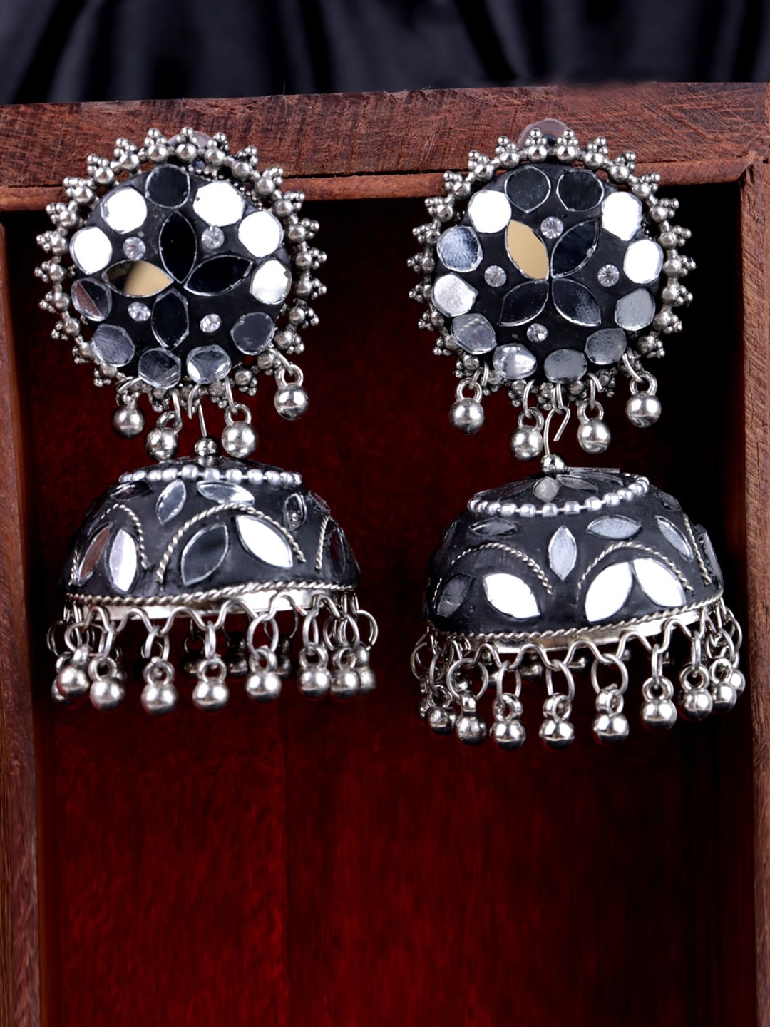 

Krelin Silver-Plated Dome Shaped Jhumkas With Mirror Work