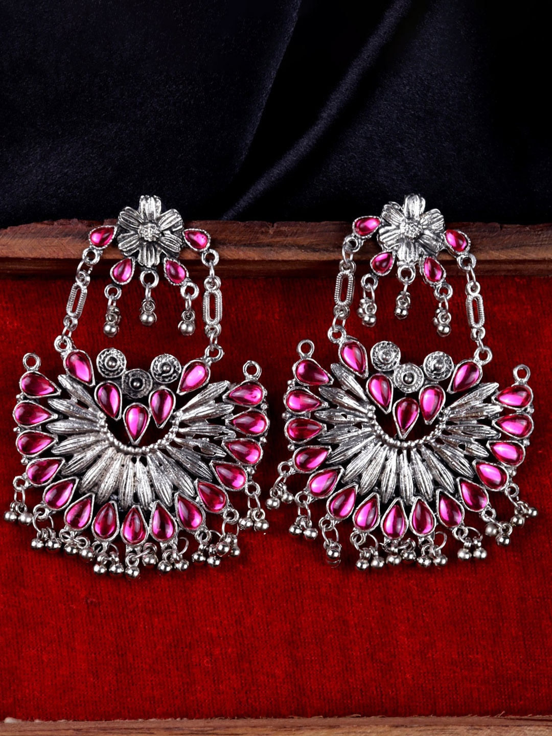 

Krelin Silver-Plated Stone Studded Oxidised Chandbalis