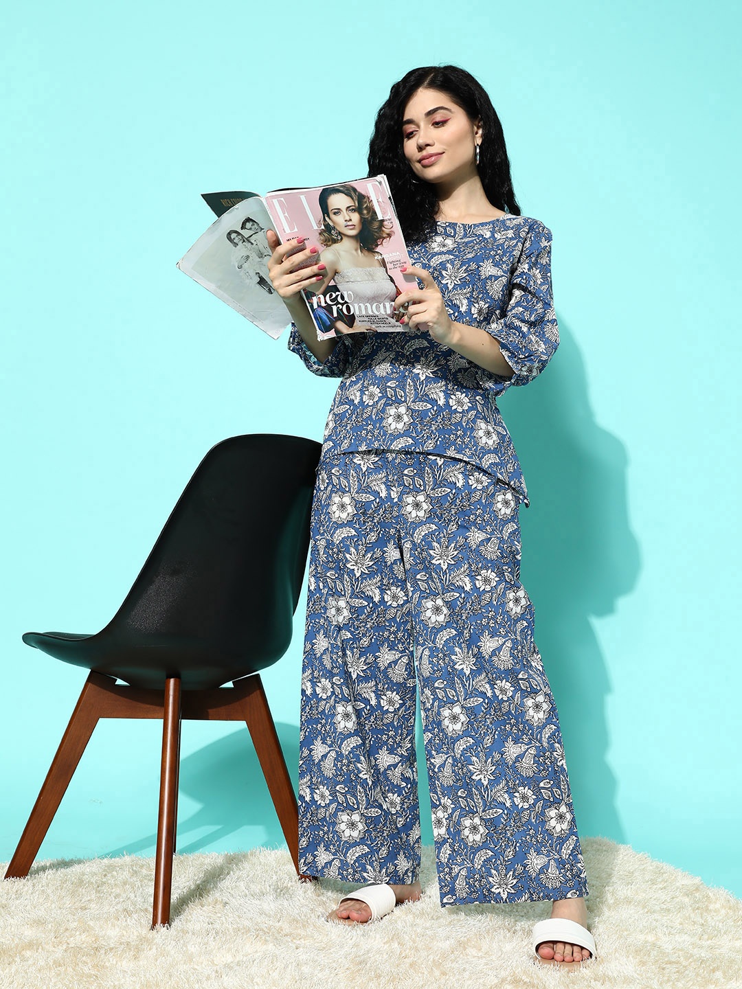 

Libas Women Floral Printed Pure Cotton Night suit, Blue