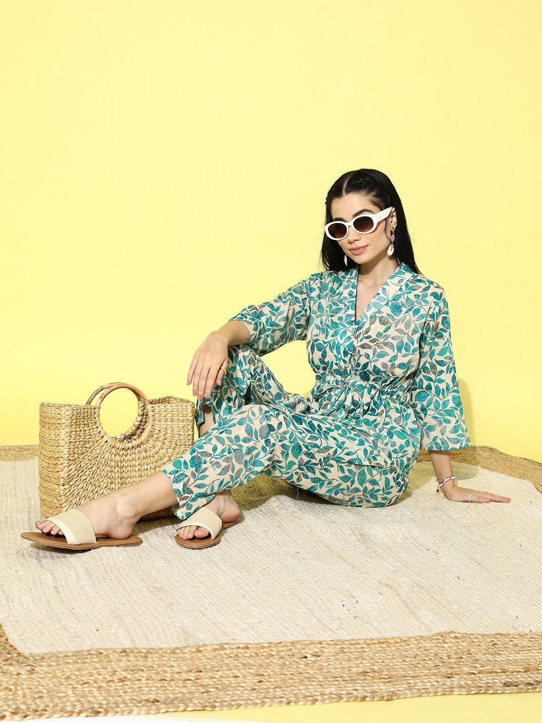 

Libas Yellow Floral Print Pure Cotton Tunic With Trousers, Beige
