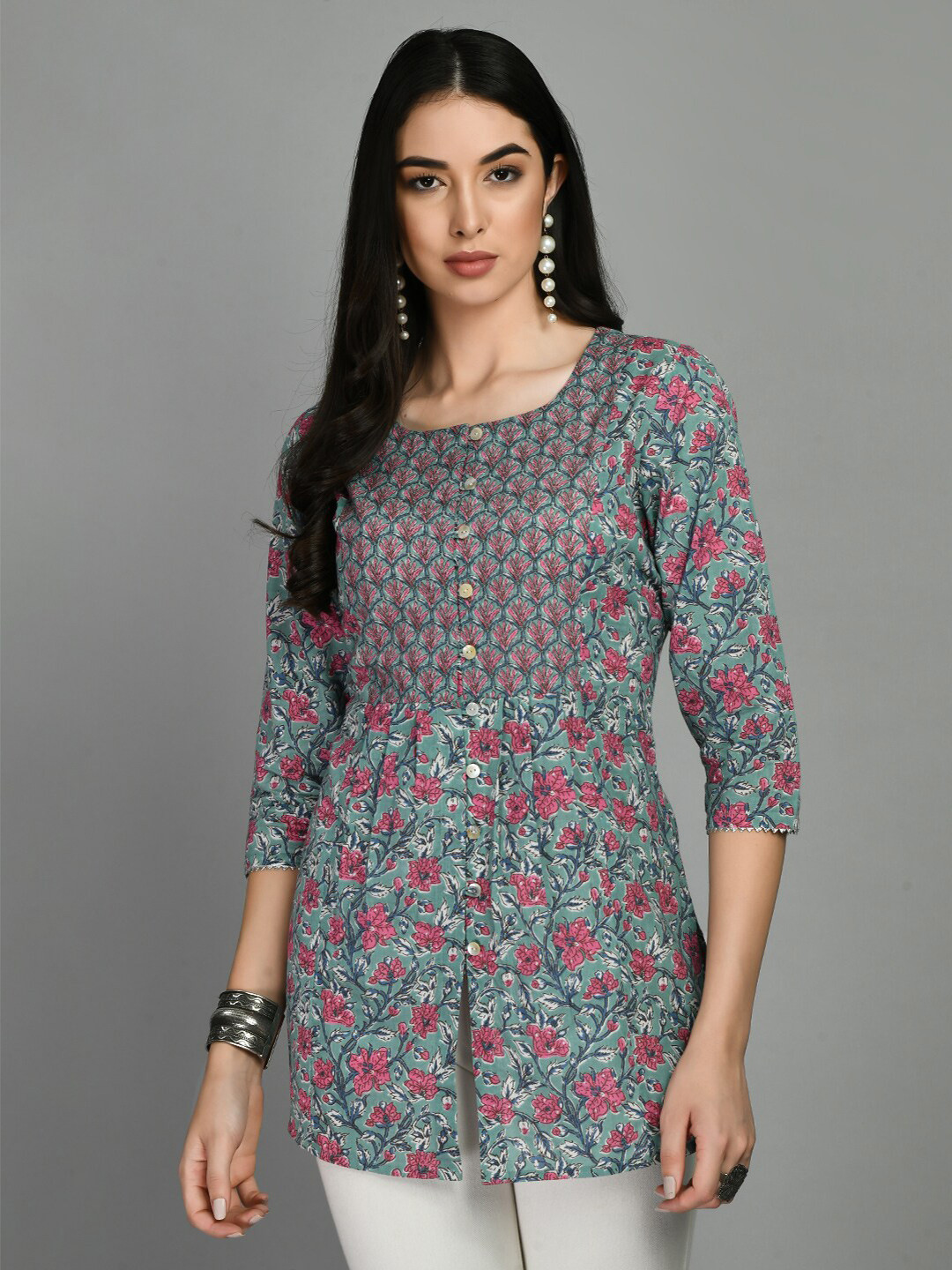 

MEESAN Floral Printed Cotton Tunic, Green