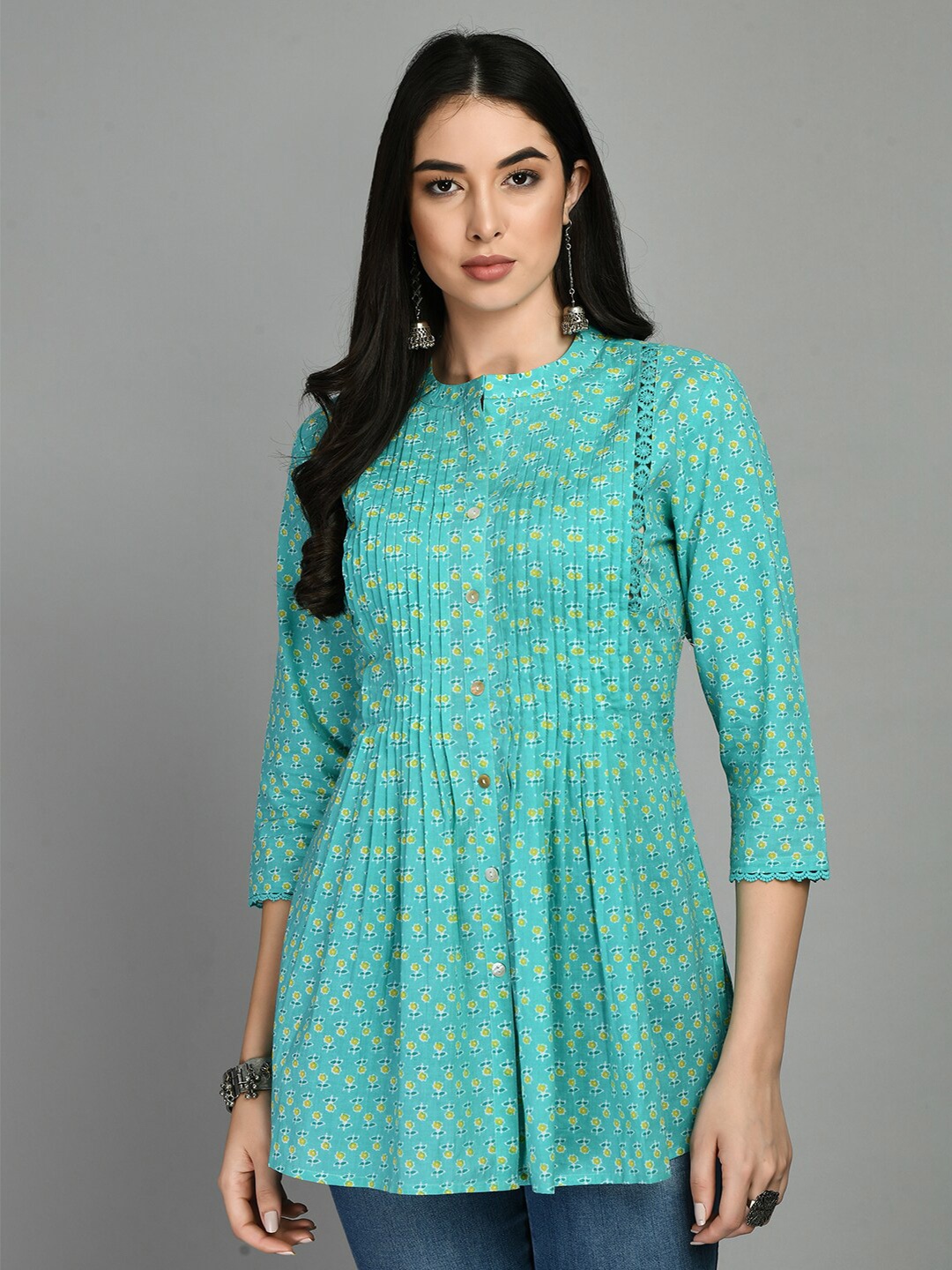 

MEESAN Mandarin Collar Printed Cotton Tunic, Blue