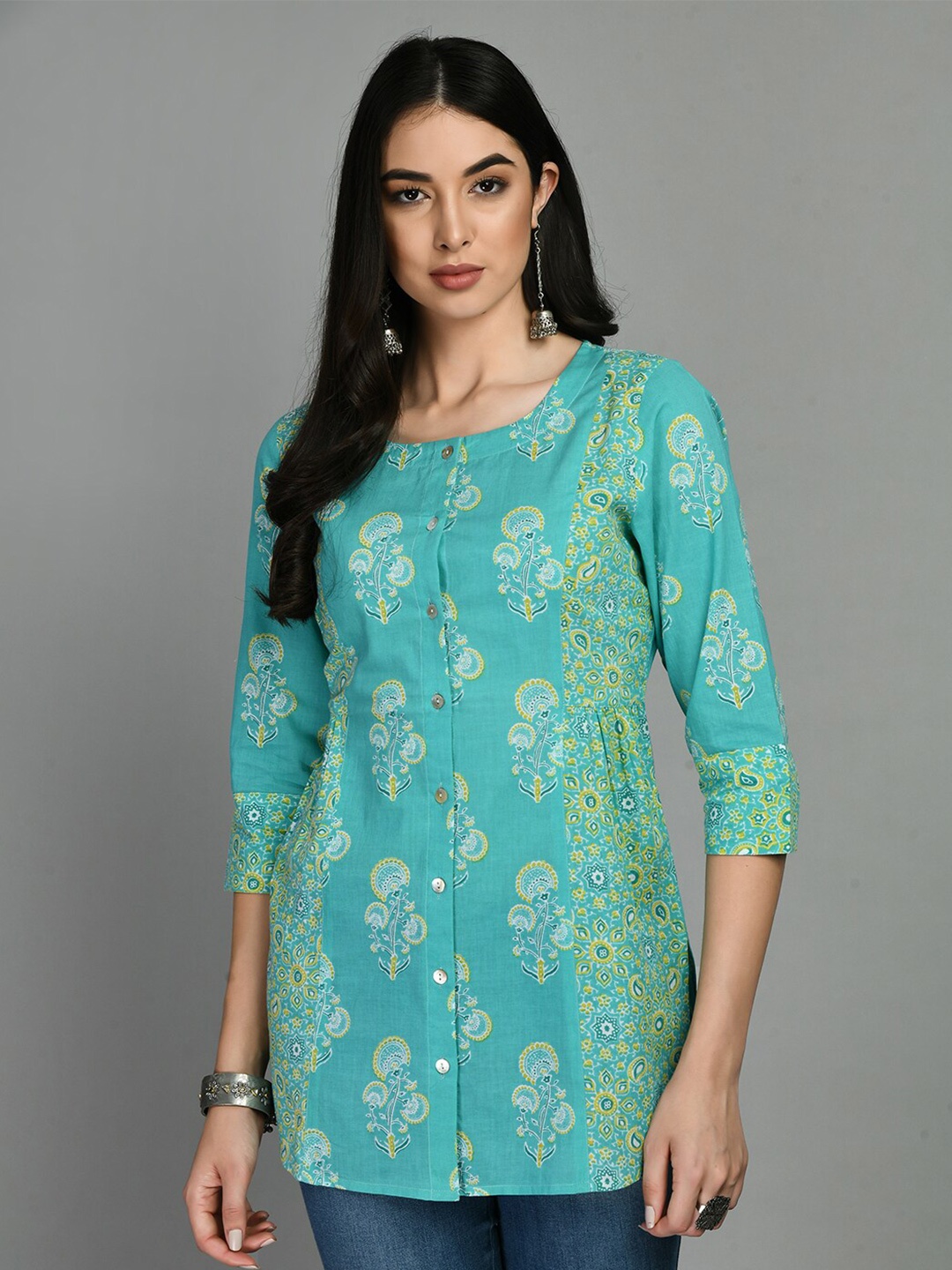 

MEESAN Floral Printed Cotton Tunic, Blue