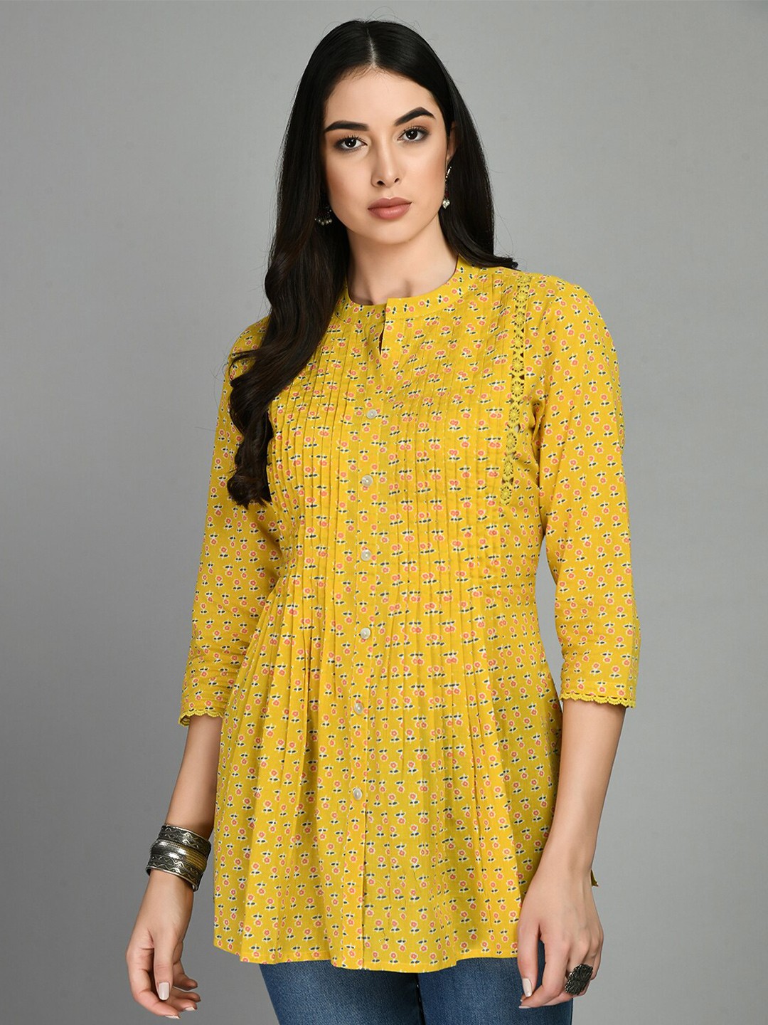 

MEESAN Mandarin Collar Floral Printed Ethnic Cotton Tunic With Pintacks, Yellow