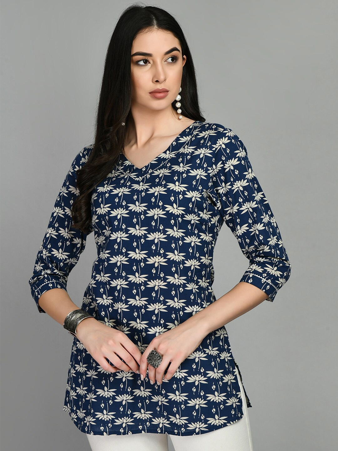 

MEESAN Floral Printed Cotton Ethnic Tunic, Blue