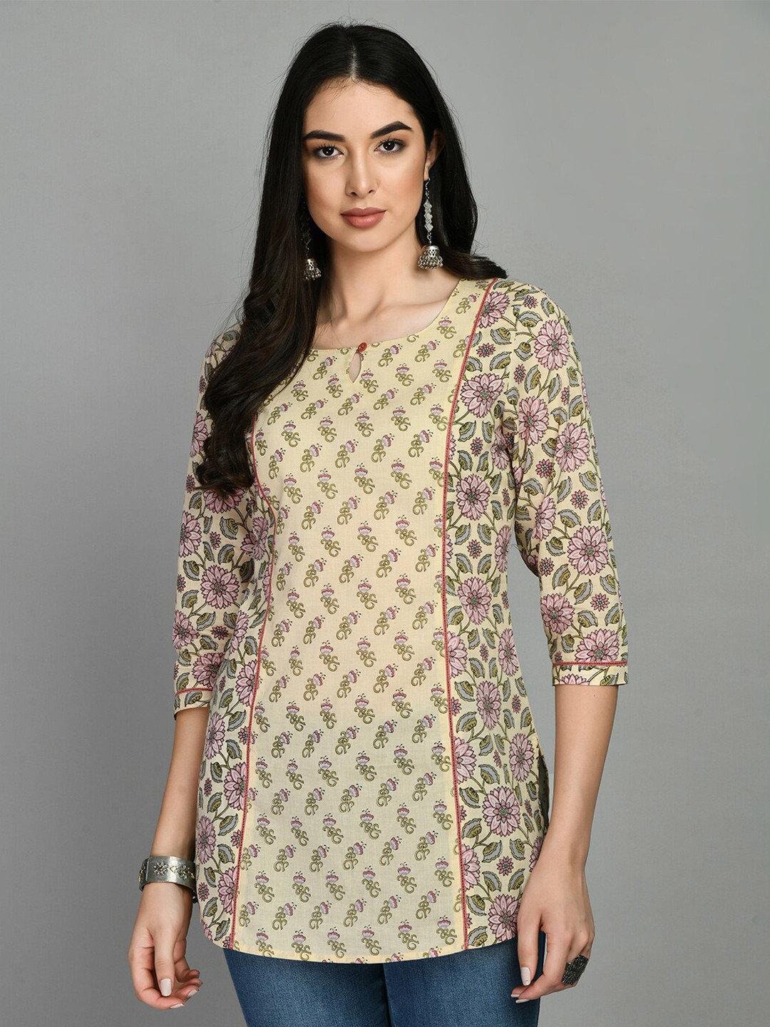 

MEESAN Floral Printed Cotton Tunic, Beige