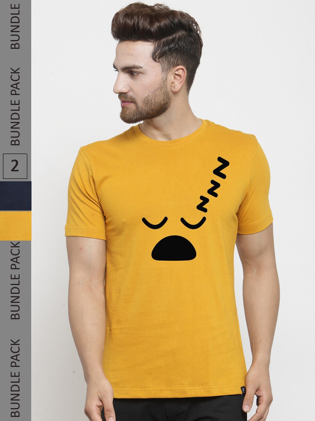 

Friskers Pack Of 2 Printed Round Neck Short Sleeves Slim Fit Cotton T-shirt, Yellow