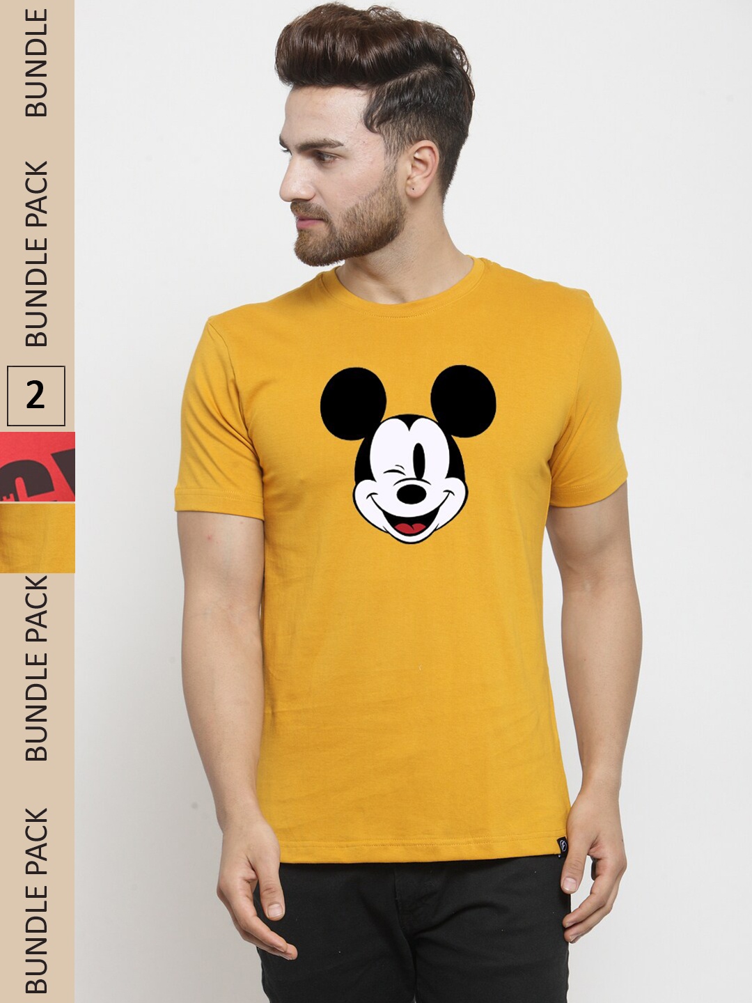 

Friskers Humour And Comic Mickey Mouse Printed Pack Of 2 Slim Fit Pure Cotton T-Shirts, Gold