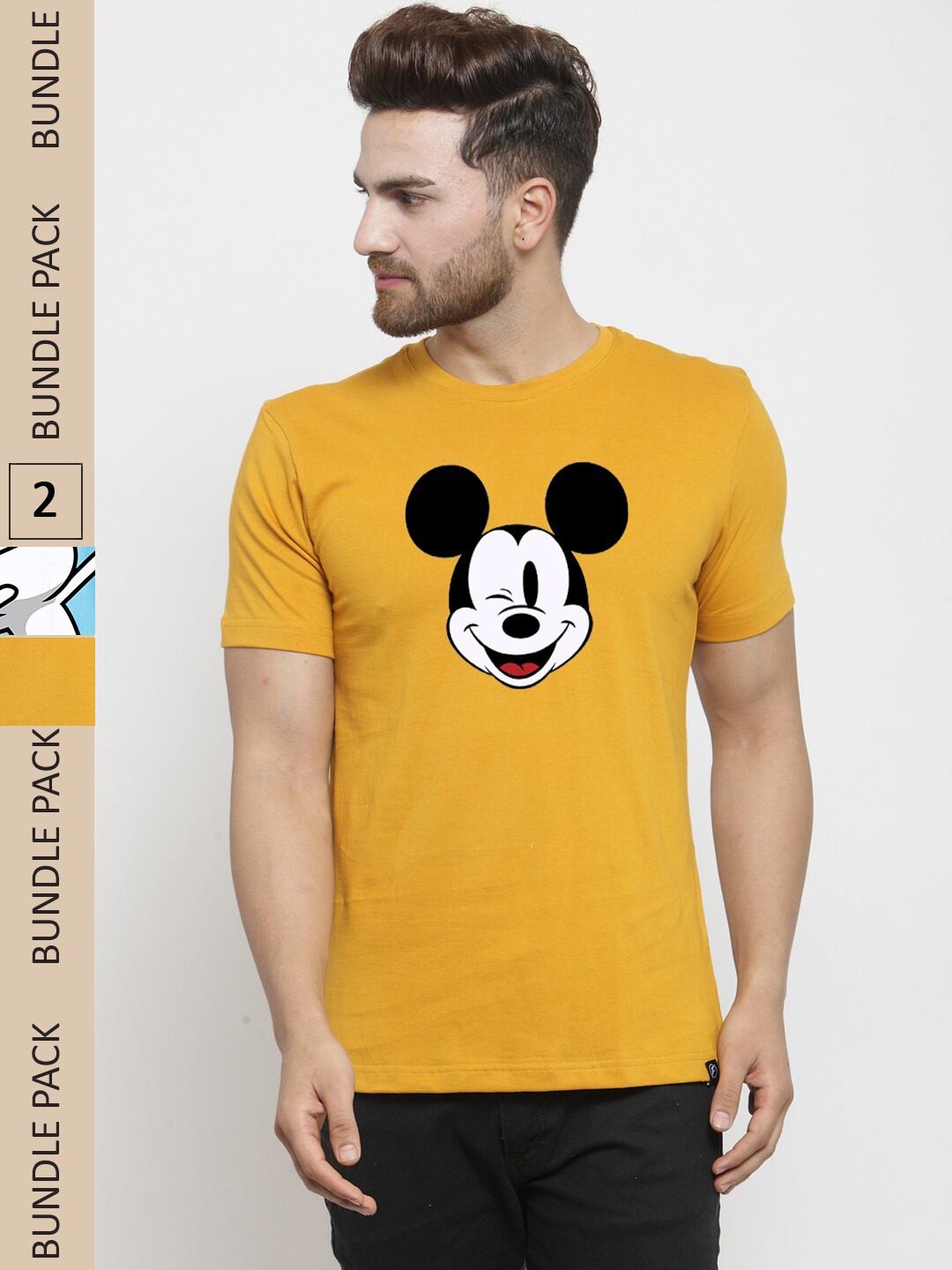 

Friskers Pack Of 2 Mickey Mouse Printed Round Neck Short Sleeves Slim Fit Cotton T-shirt, Yellow