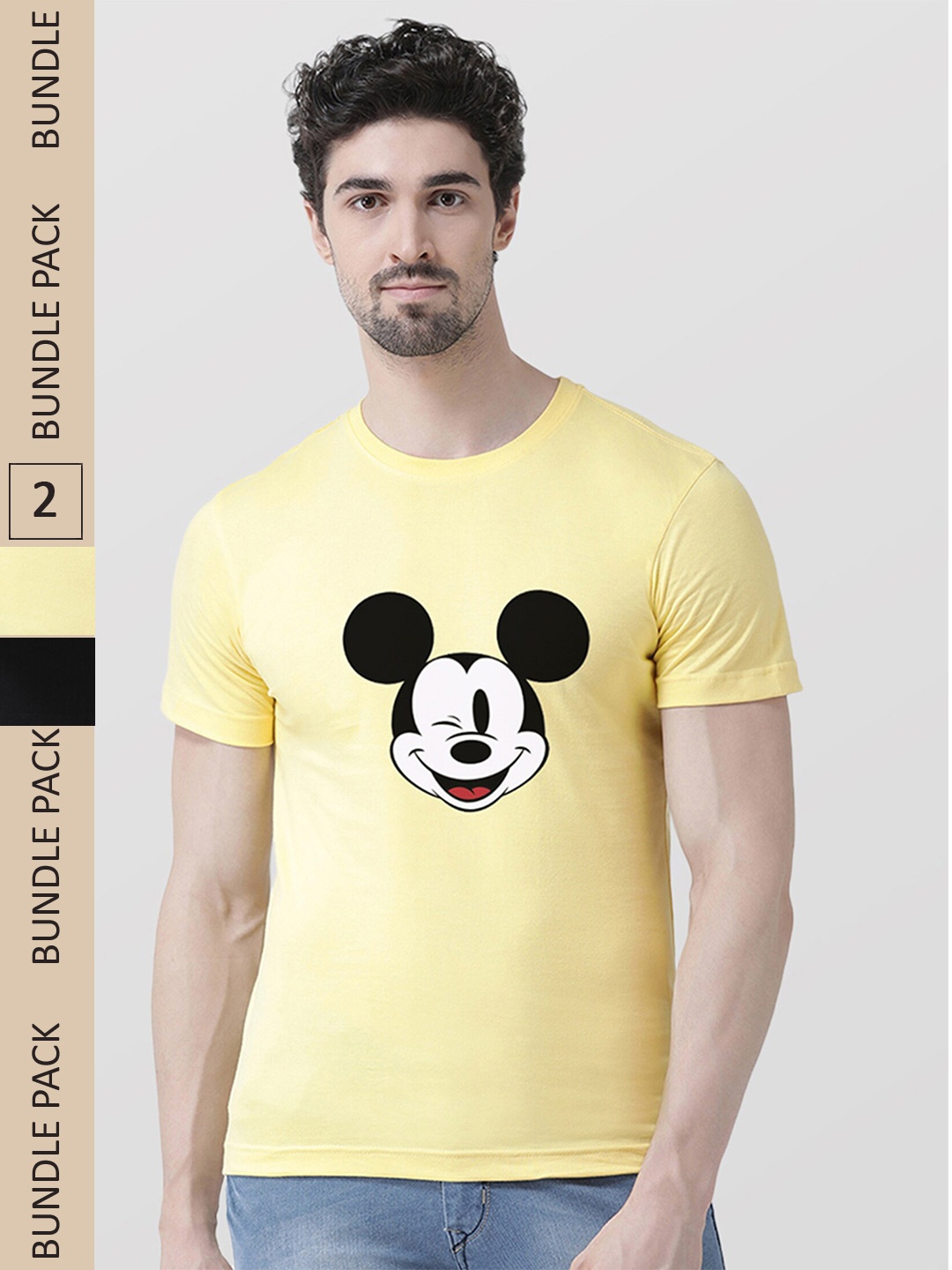 

Friskers Humour And Comic Mickey Mouse Printed Pack Of 2 Slim Fit Pure Cotton T-Shirts, Yellow