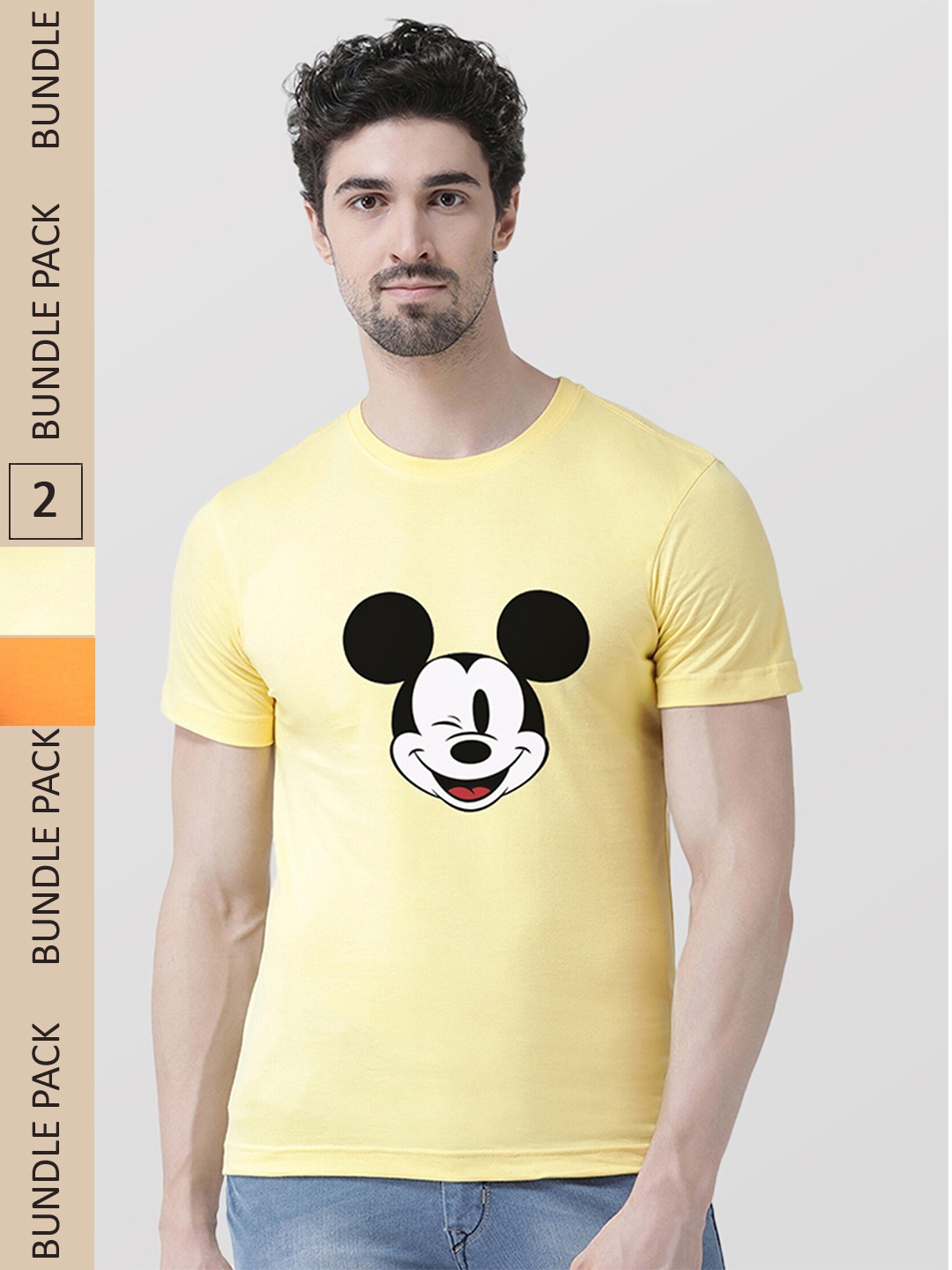 

Friskers Humour And Comic Mickey Mouse Printed Pack Of 2 Slim Fit Pure Cotton T-Shirts, Yellow