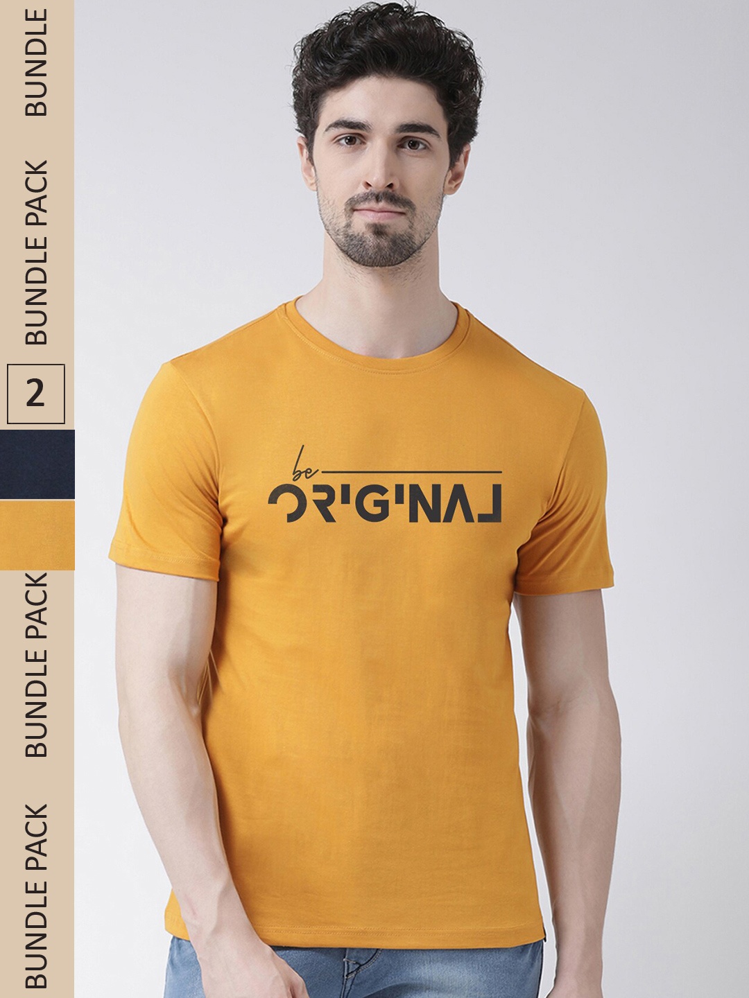 

Friskers Typography Printed Pack Of 2 Slim Fit Pure Cotton T-Shirts, Navy blue