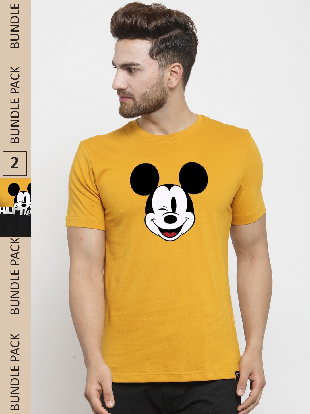 

Friskers Pack Of 2 Printed Round Neck Short Sleeves Slim Fit Cotton T-shirt, Yellow