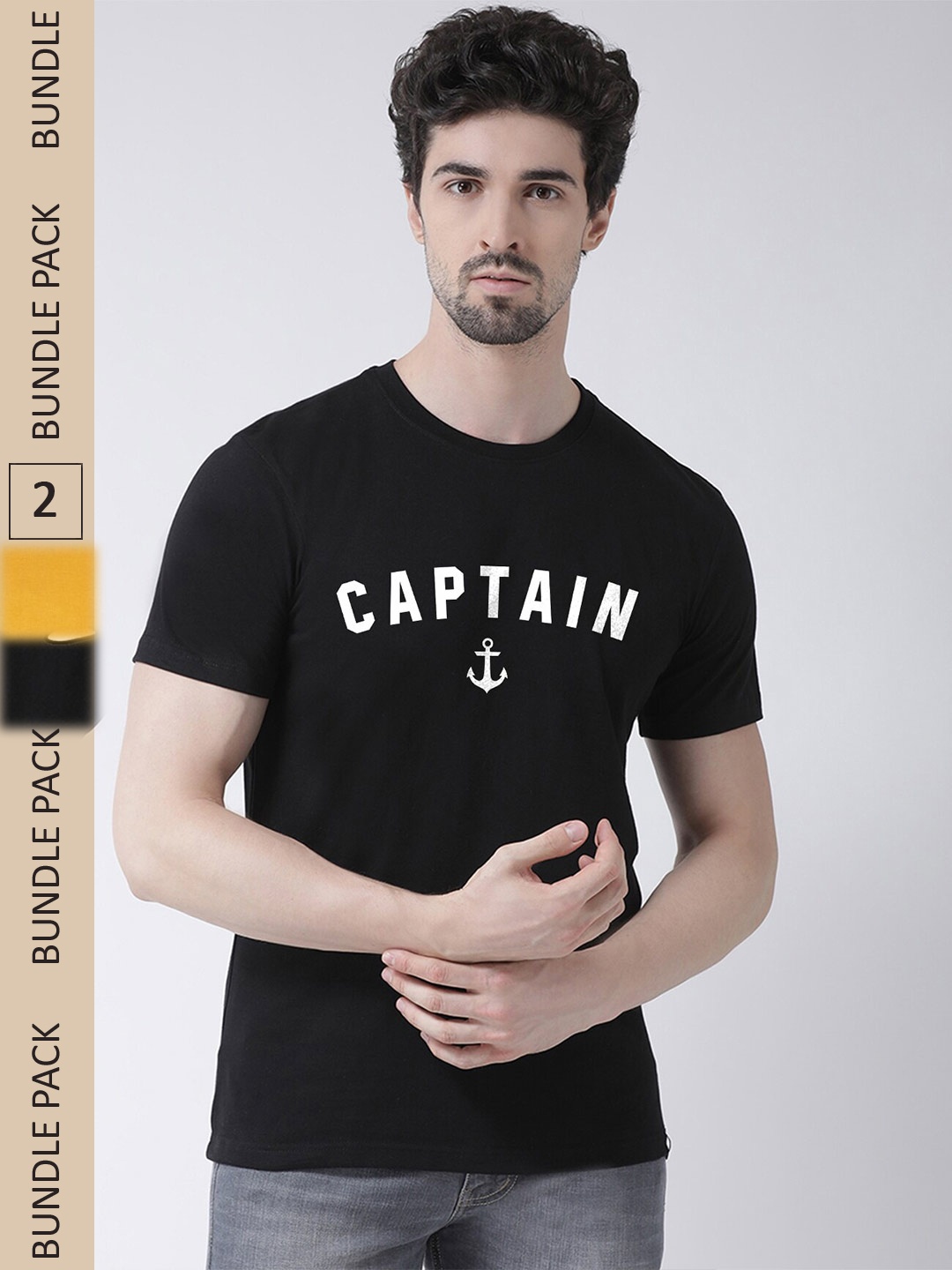

Friskers Pack Of 2 Printed Pure Cotton Slim Fit T-shirt, Gold