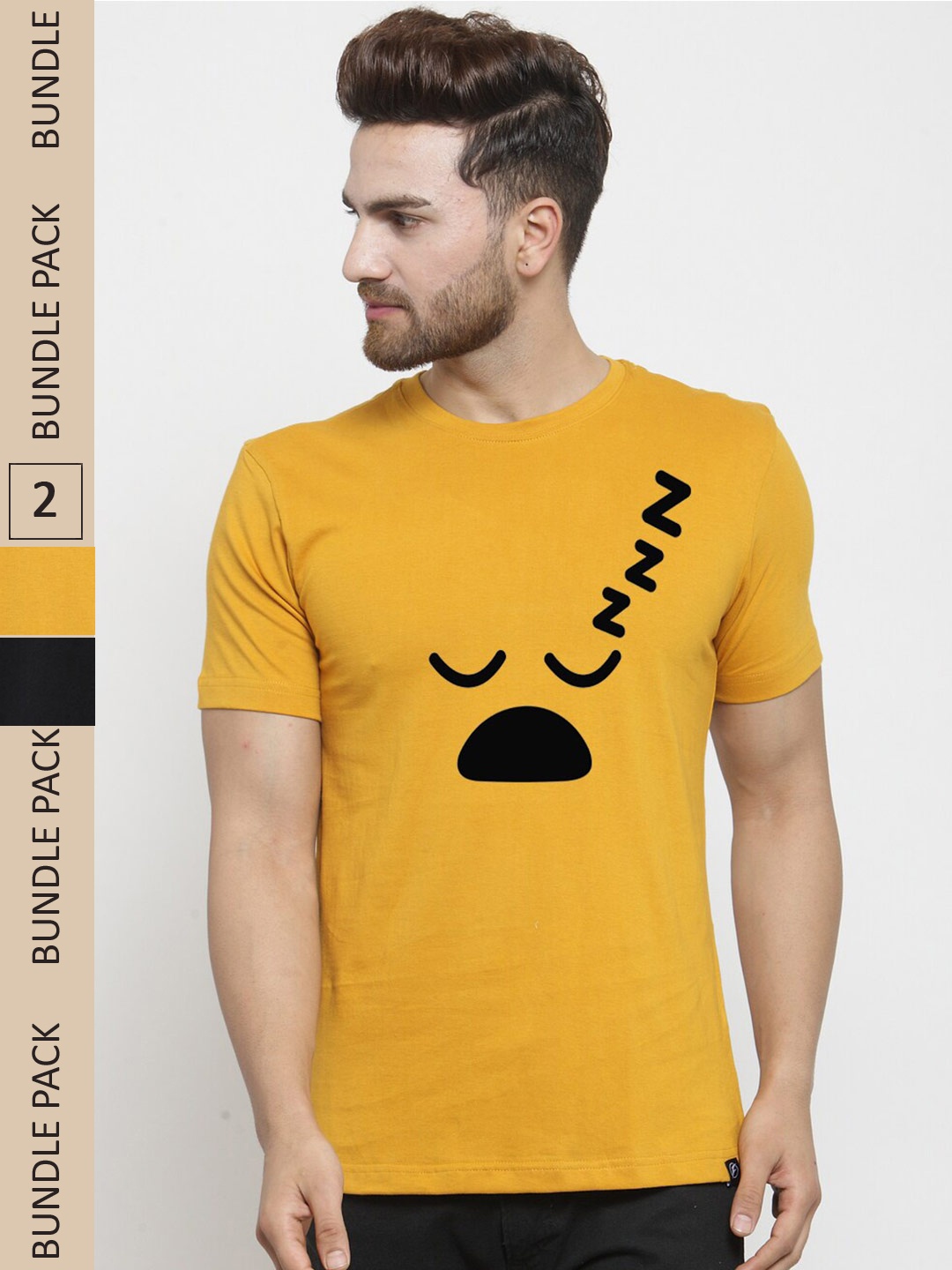 

Friskers Pack Of 2 Printed Slim Fit Pure Cotton T-shirts, Mustard