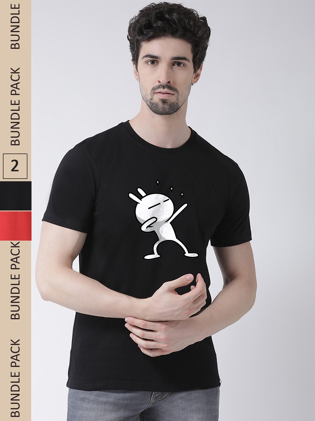 

Friskers Pack Of 2 Printed Round Neck Short Sleeves Slim Fit Cotton T-shirt, Black