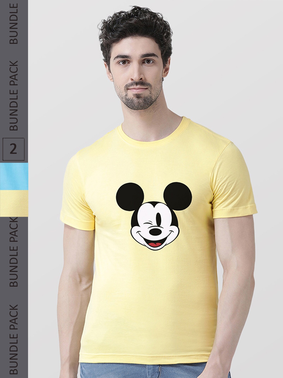 

Friskers Pack Of 2 Printed Round Neck Short Sleeves Slim Fit Cotton T-shirt, Yellow
