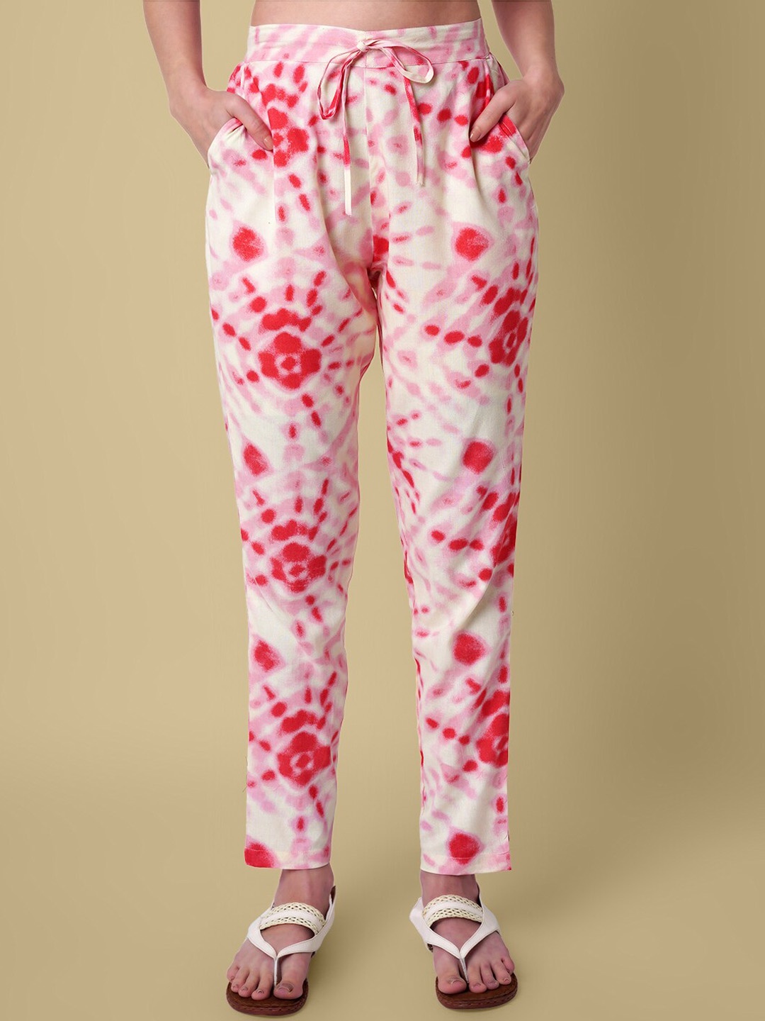 

DAEVISH Women Relaxed Straight Leg Tie & Dye Mid Rise Plain Trousers, White