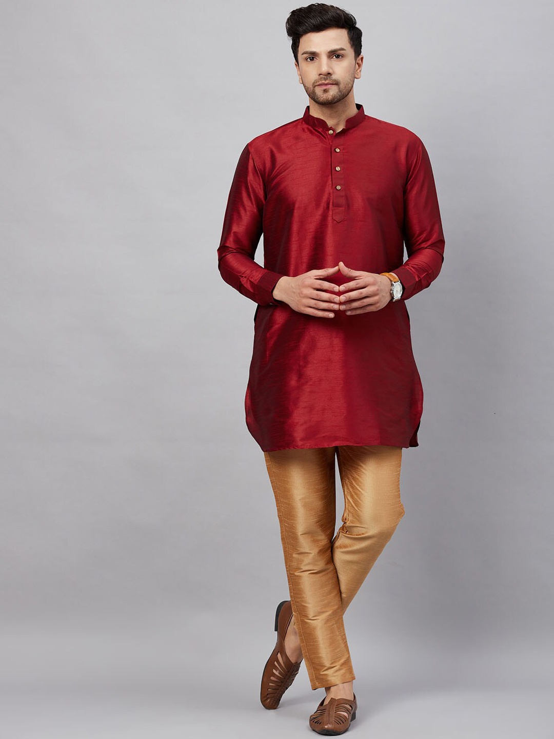

VASTRAMAY Mandarin Collar Regular Straight Kurta with Trousers, Maroon