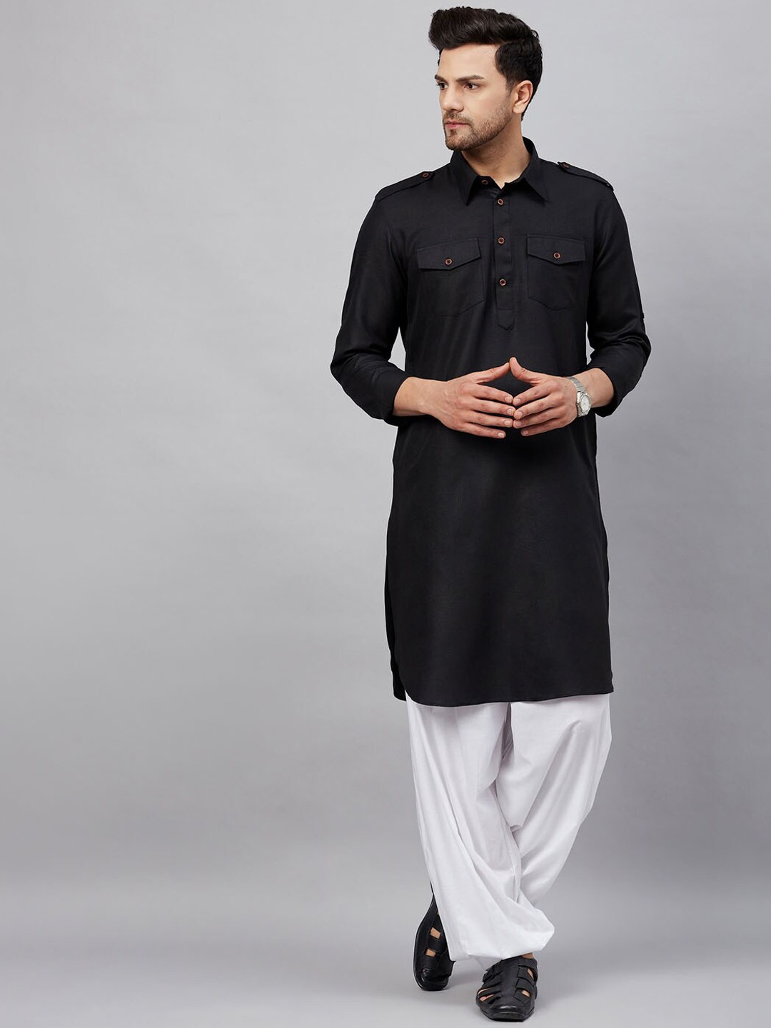 

VASTRAMAY Shirt Collar Pathani Kurta With Patiala, Black