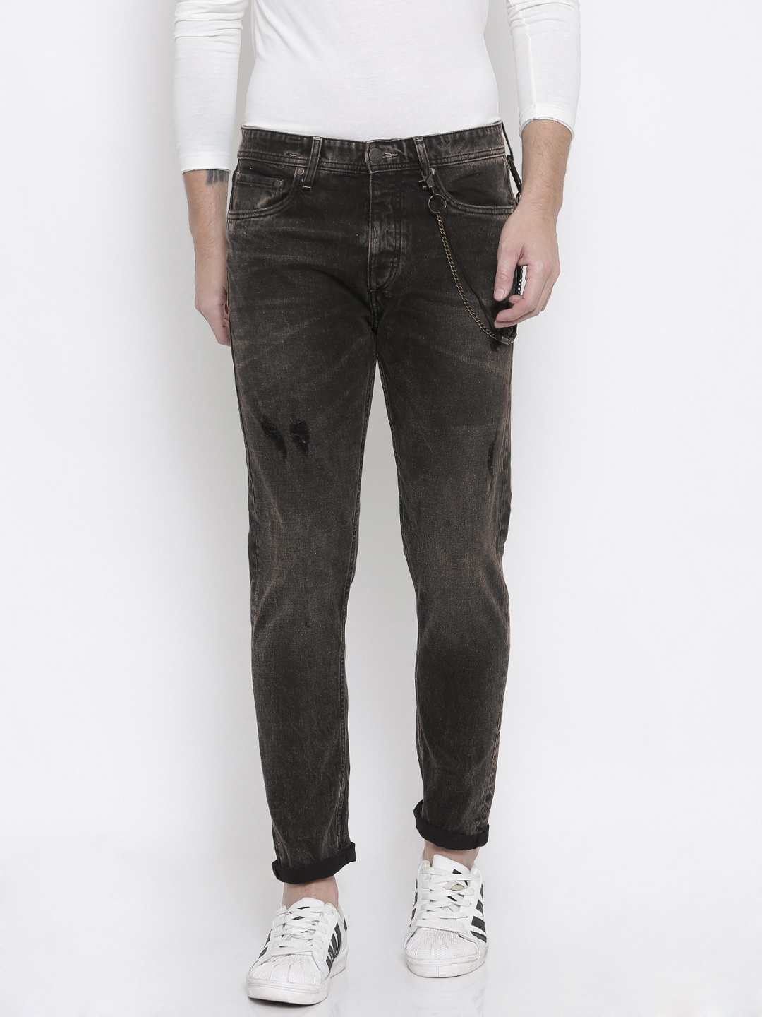 

Jack & Jones Men Charcoal Tapered Fit High-Rise Highly Distressed Stretchable Jeans