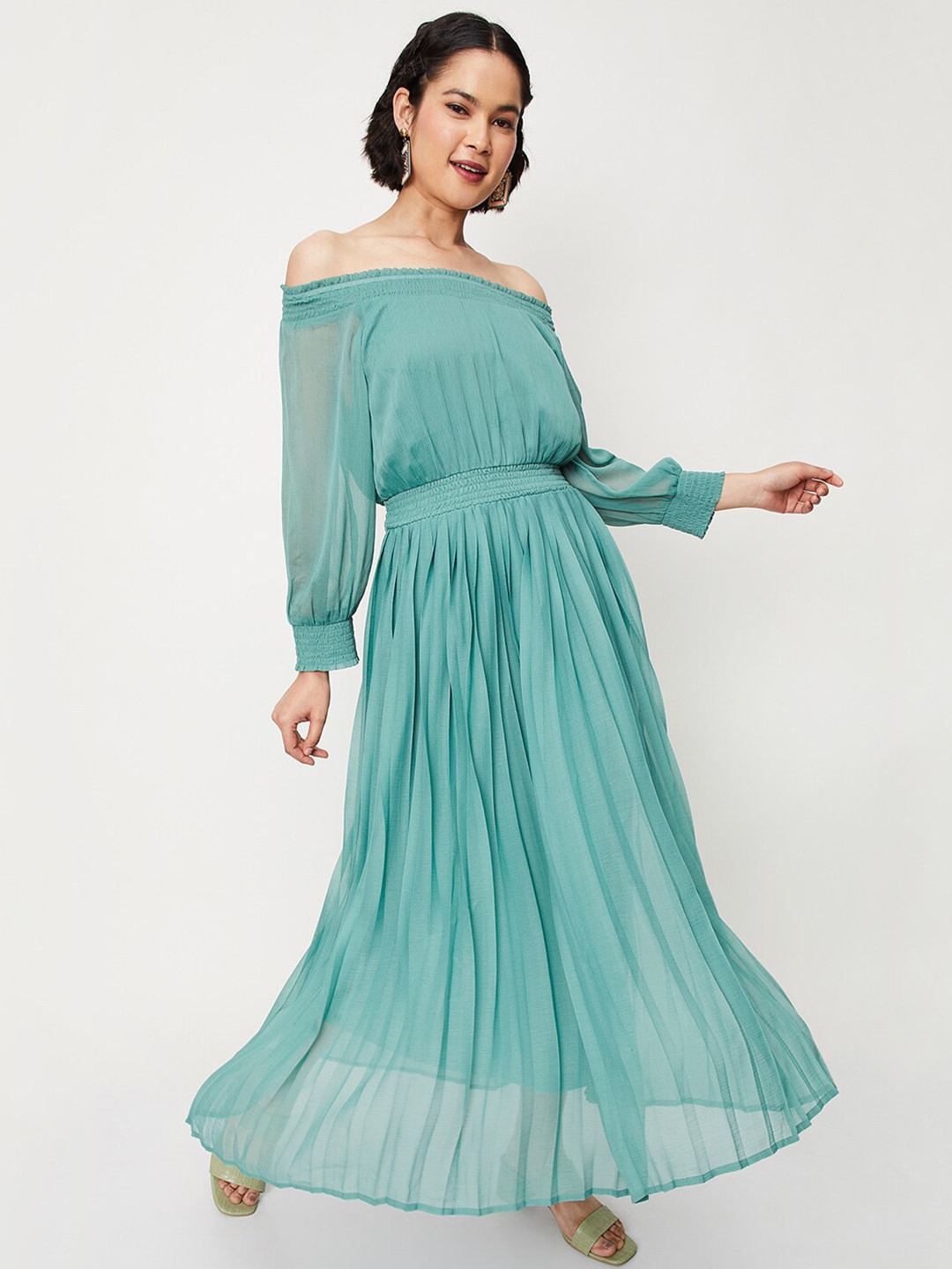 

max Off-Shoulder Puff Sleeve Maxi Midi Dress, Green